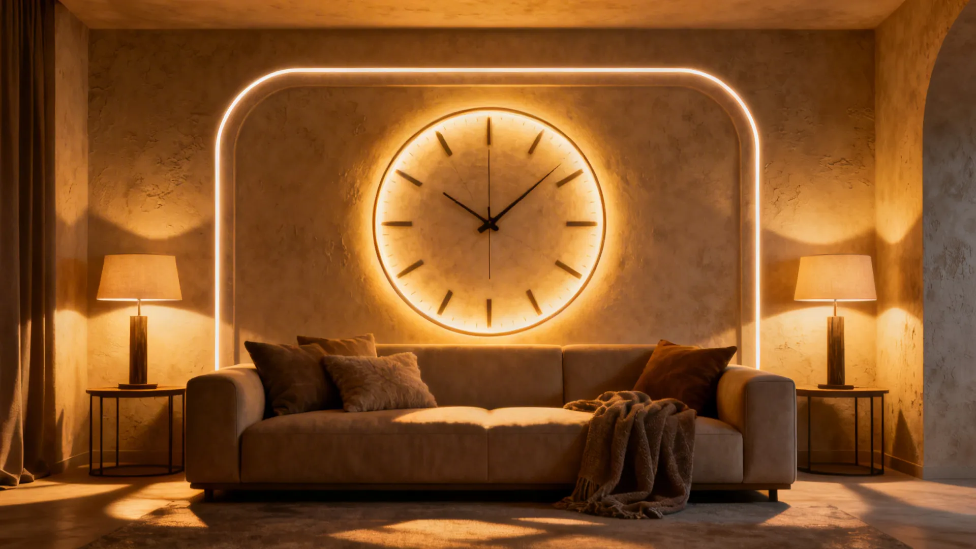 Backlit wall clock casting a soft halo above a sofa, creating ambient evening drama