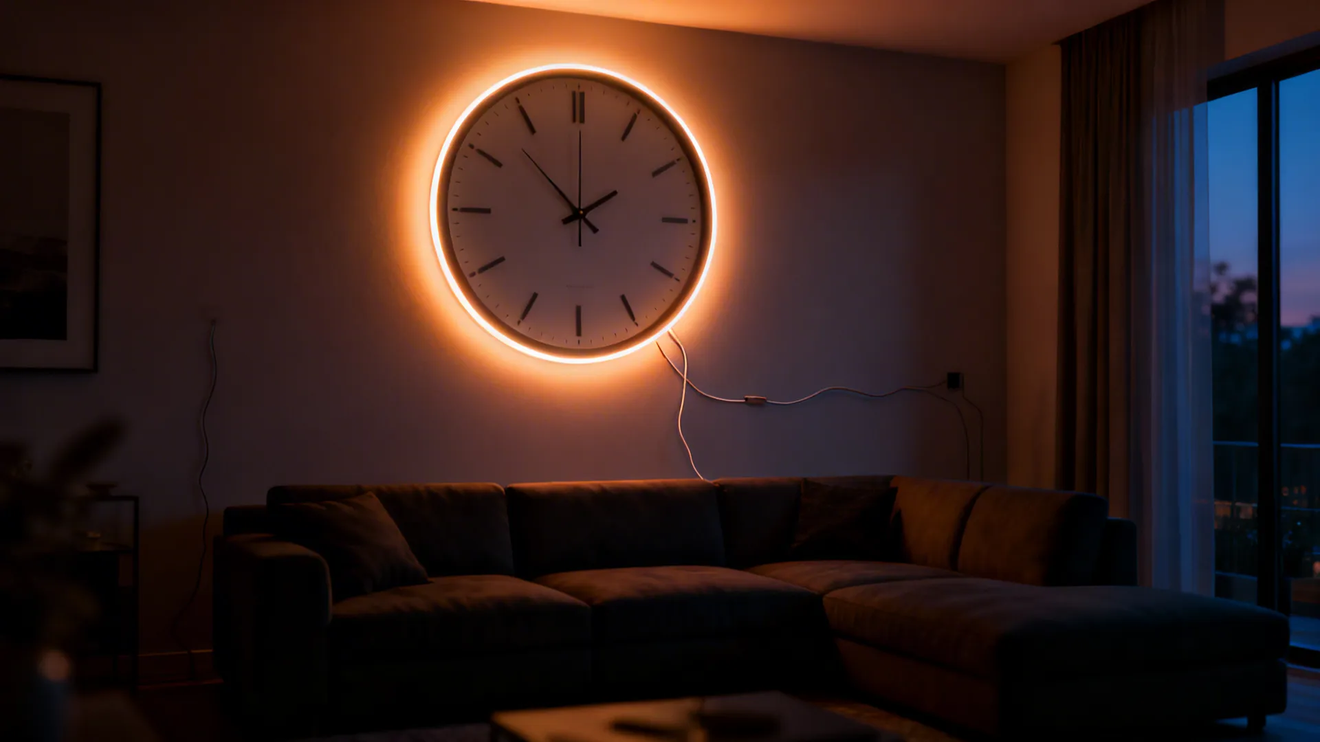Cozy living room at dusk with a backlit oversized wall clock providing warm ambient light