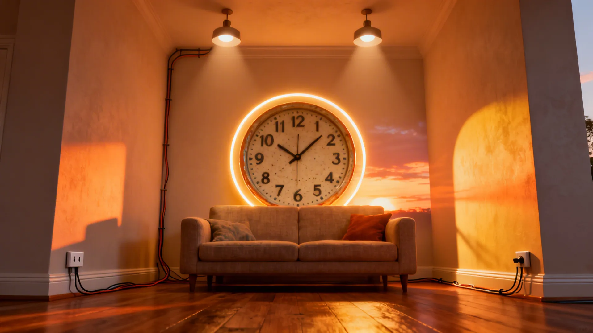 Backlit oversized digital clock providing warm ambient lighting in a cozy living room evening scene