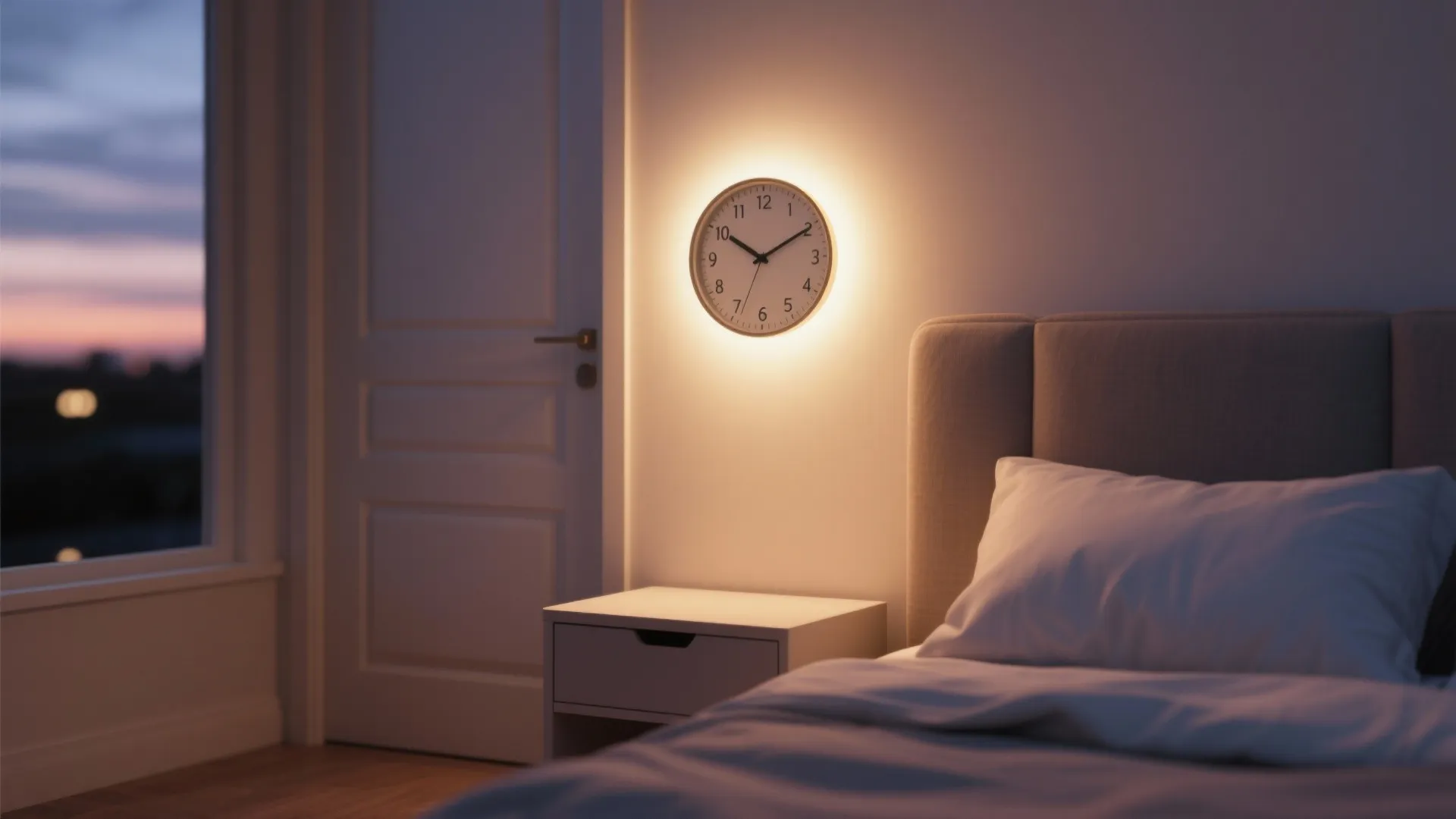 Modern bedroom at night with glowing wall clock above a small white nightstand and bed