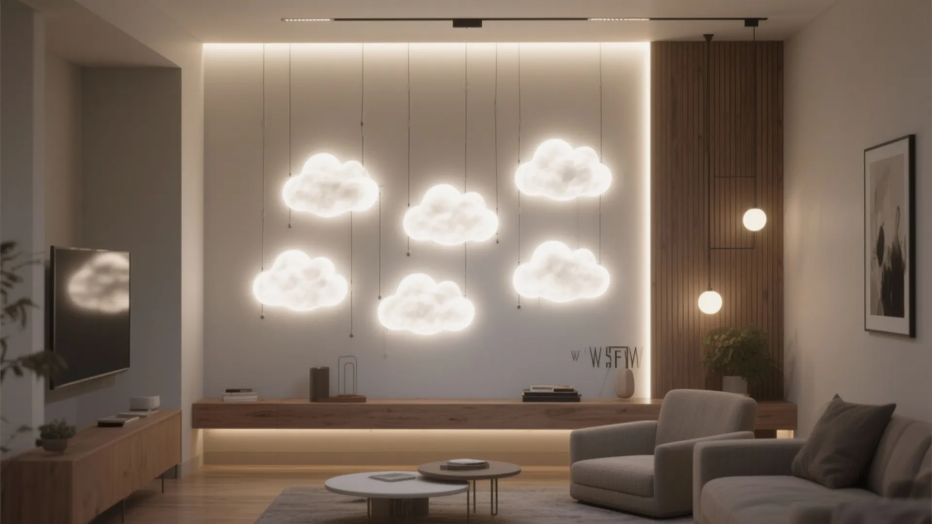 Living room featuring hanging cloud shaped lights on a back wall with sofa and coffee table