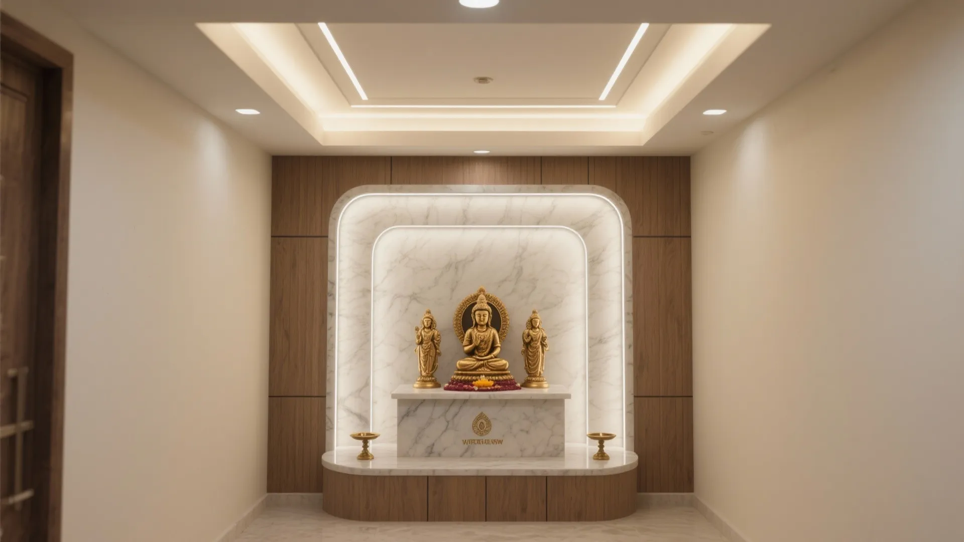 Modern prayer room featuring wooden wall panels marble altar golden statues and bright warm ceiling light