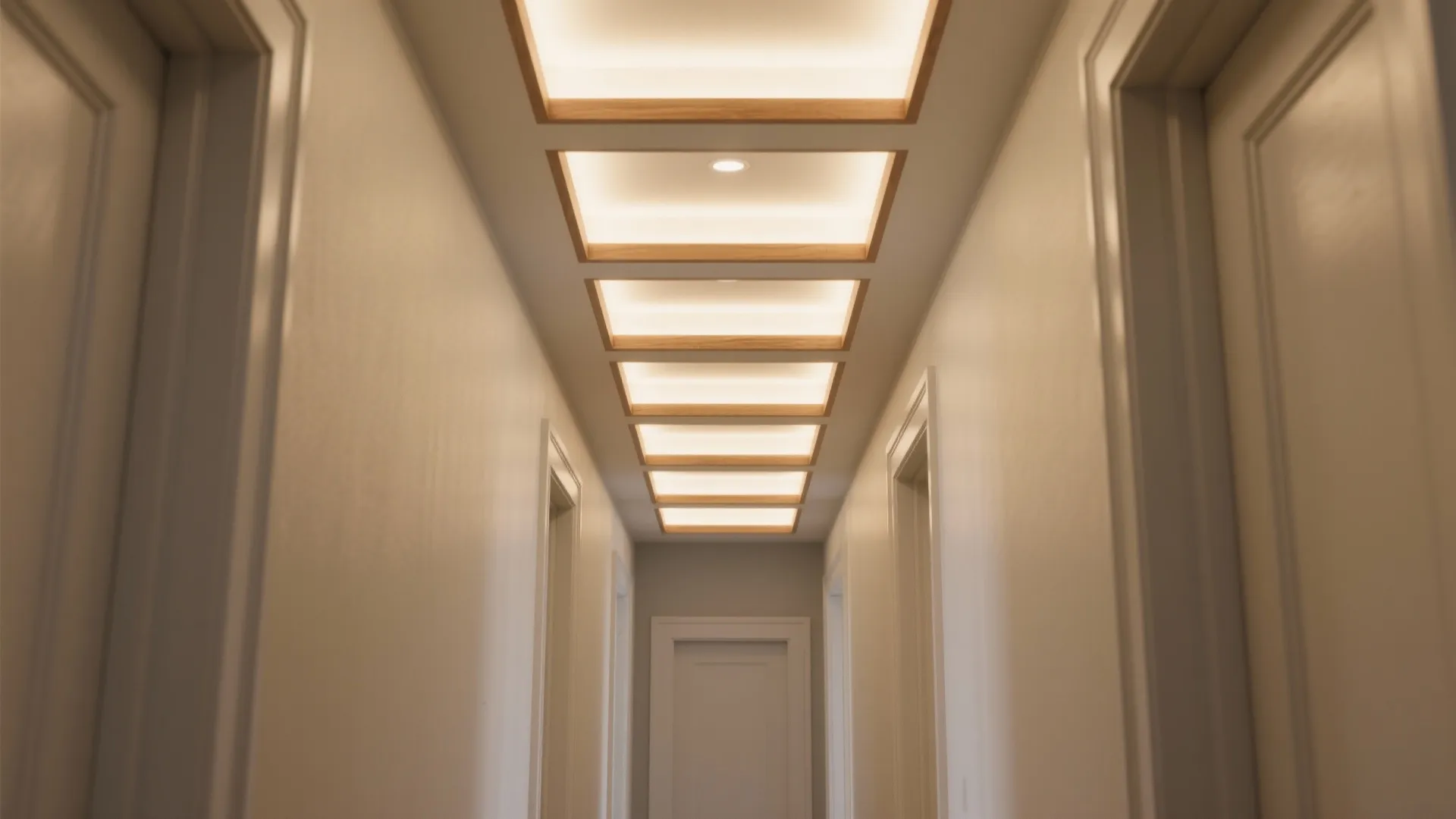 Modern narrow hallway featuring a series of square wooden ceiling lights with warm yellow glow