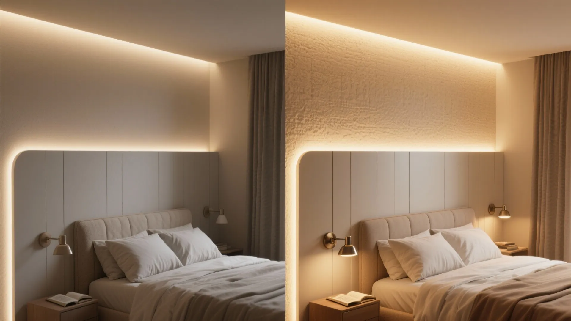 Backlit headboard and layered lighting that flatter sleep
