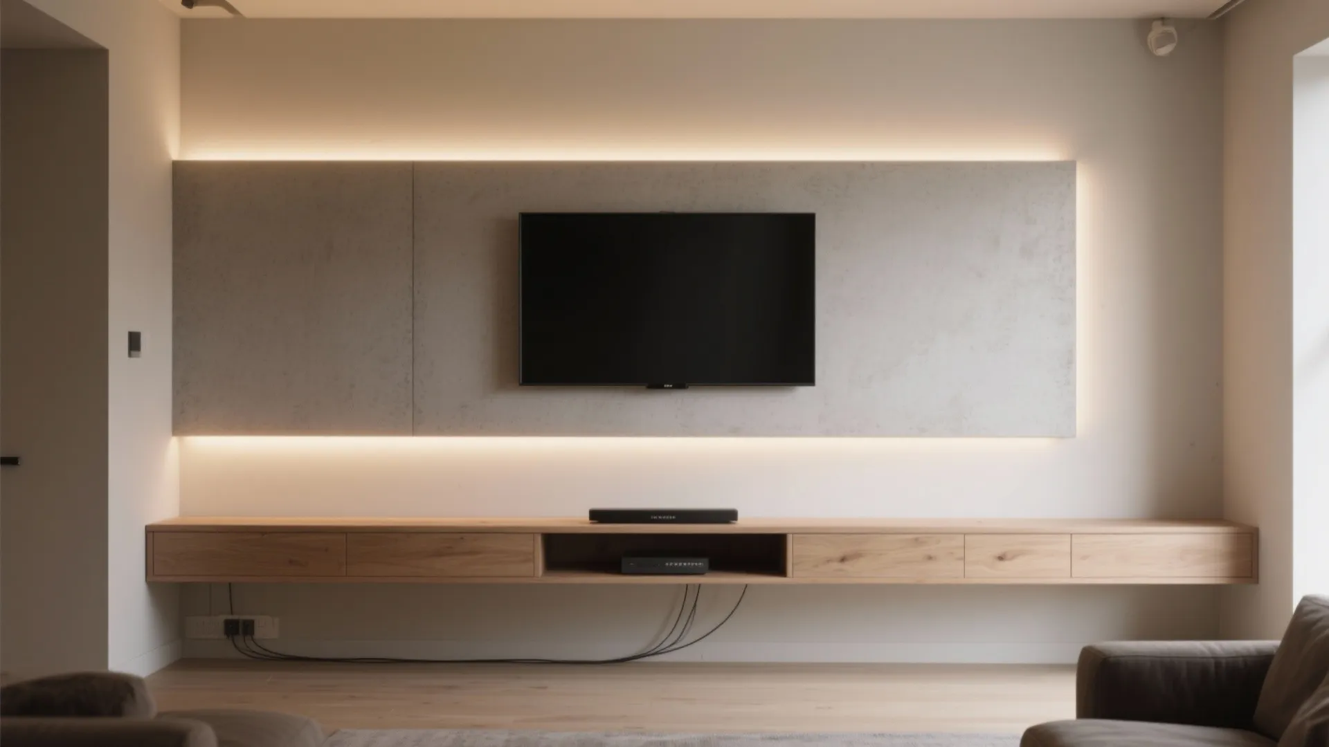 Minimalist living room featuring a wall mounted television with warm backlighting above a wooden cabinet