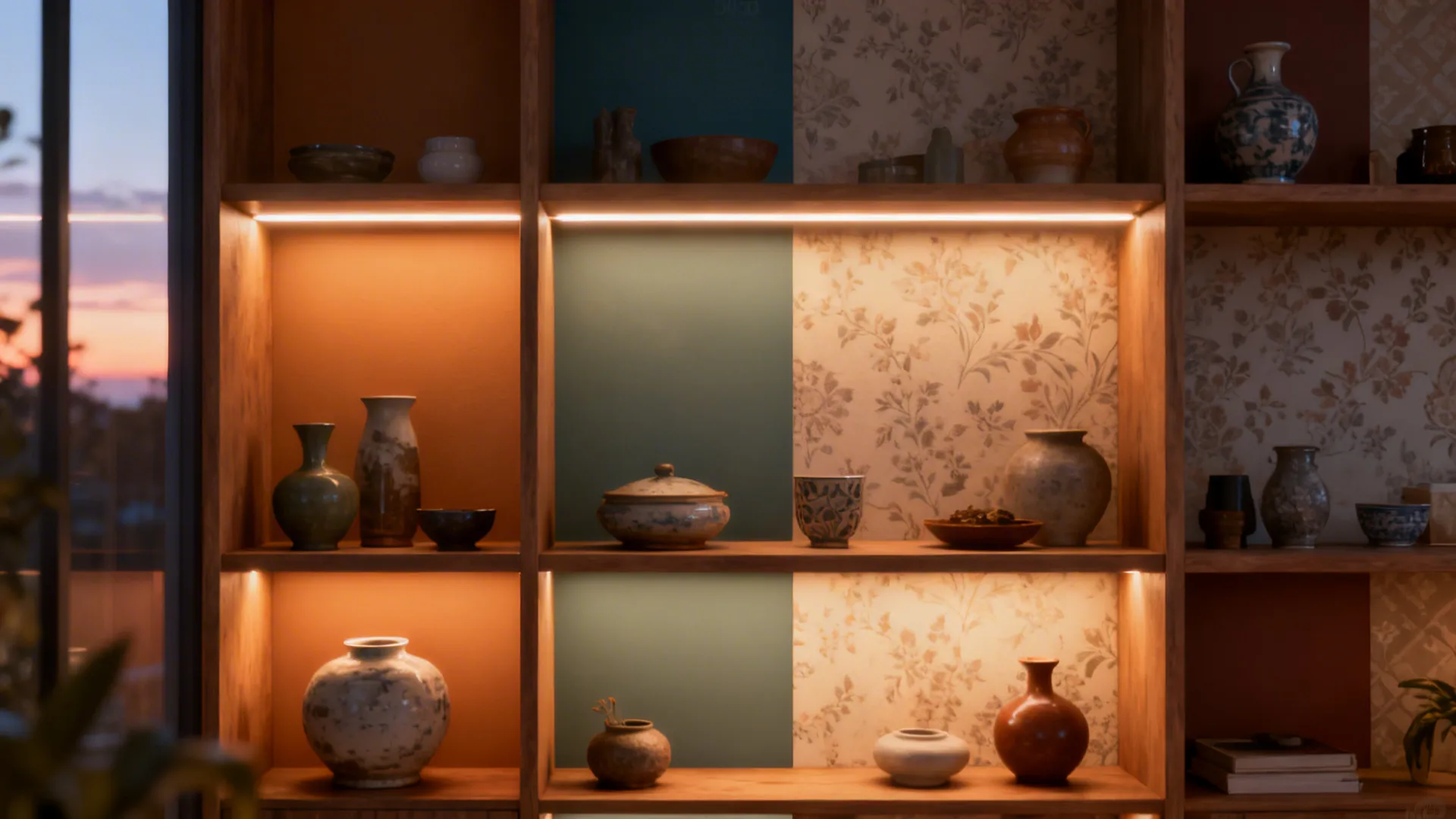 Open shelving with contrasting back panels and warm LED backlighting showcasing ceramics.