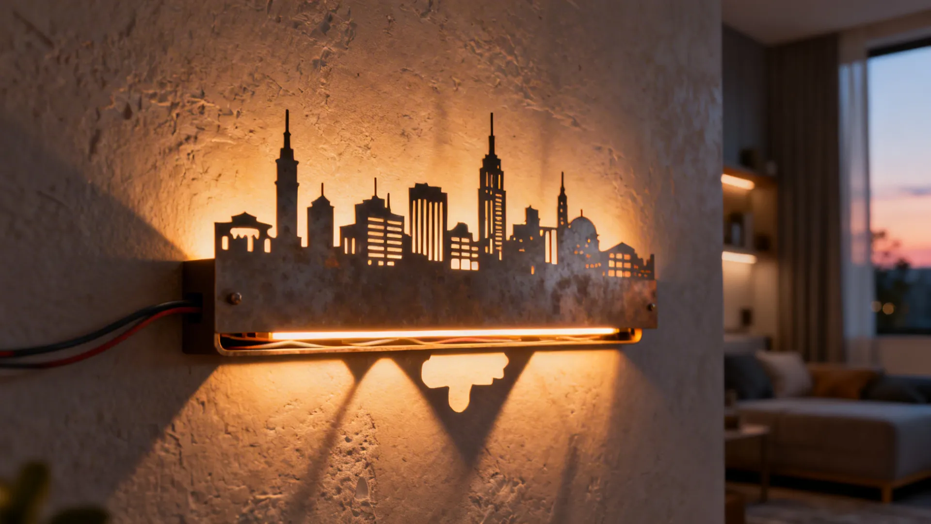 Laser-cut metal skyline with warm LED backlighting creating a cinematic glow on a living room wall.