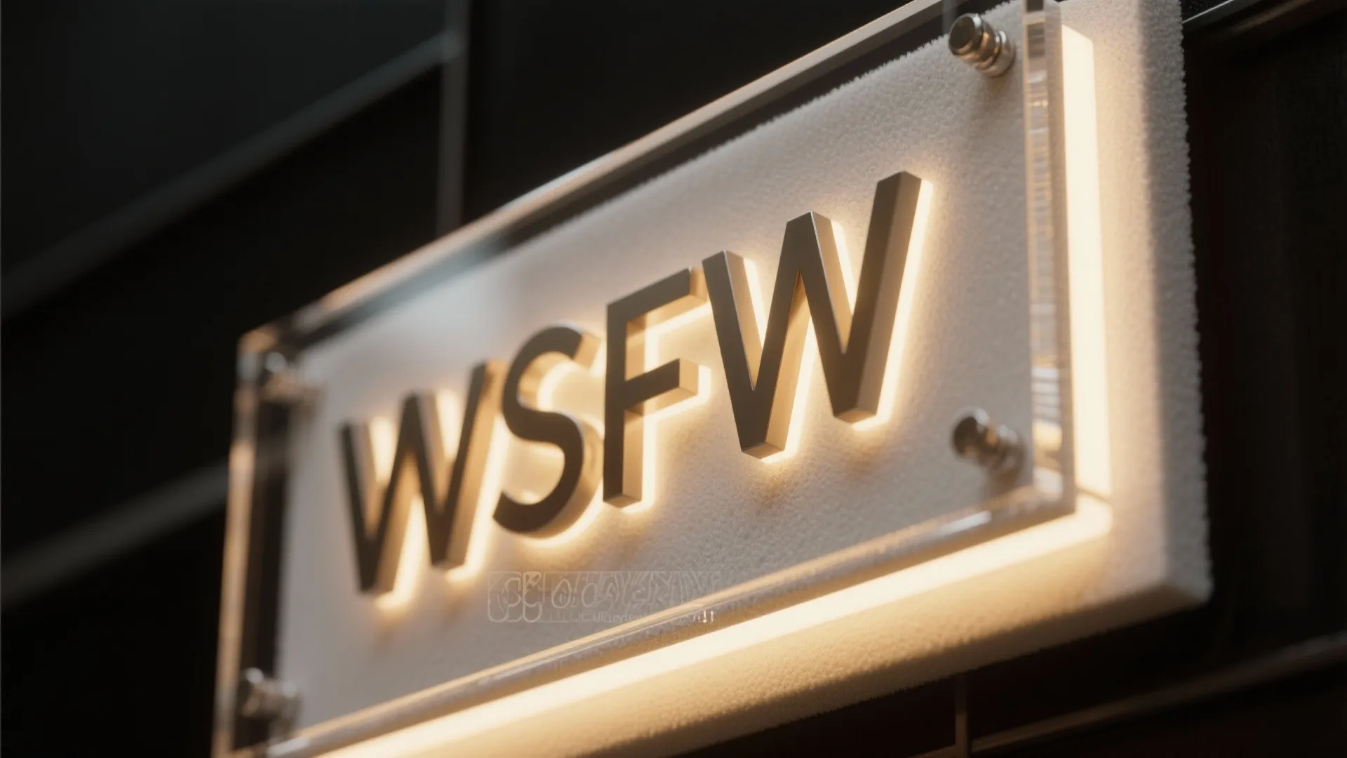 Glowing wall sign featuring bold metal letters mounted on a white textured board with acrylic frame