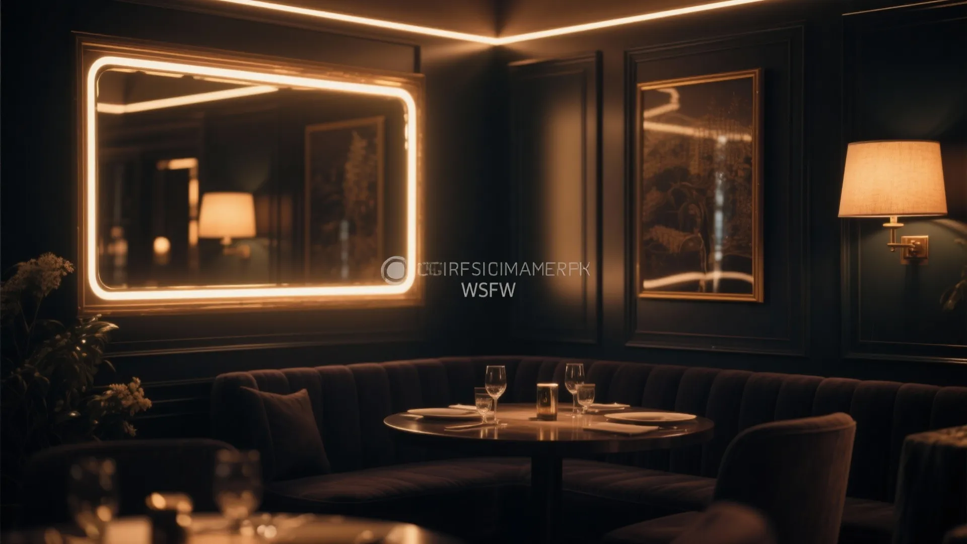 Dark dining room with backlit wall mirror round table black sofa wall light and gold frame