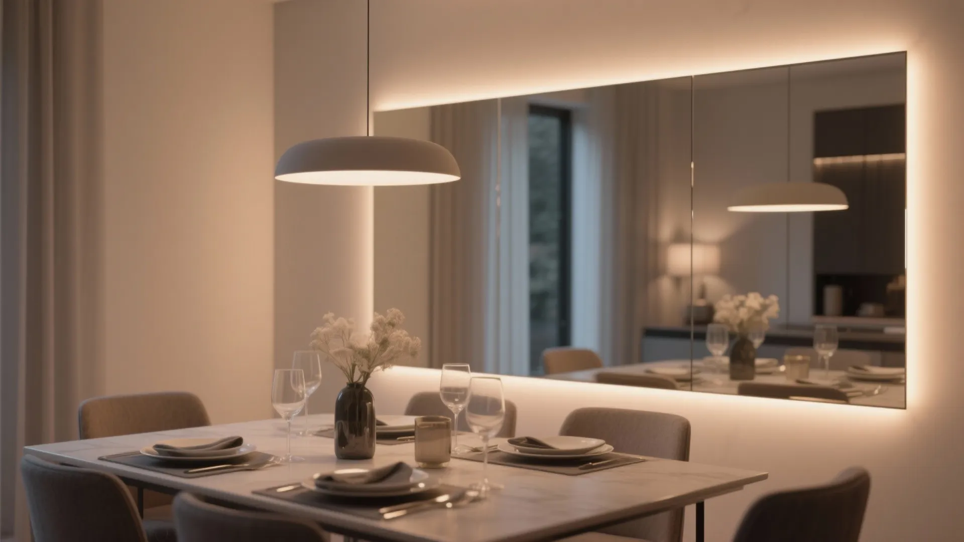 Frameless backlit mirror in cozy dining space