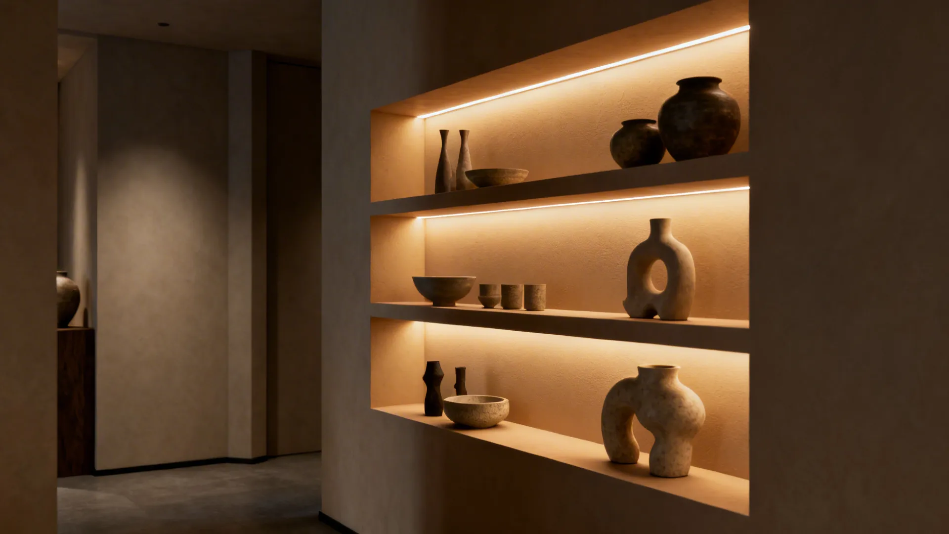 Shallow recessed niche illuminated by warm LED backlight showcasing ceramics