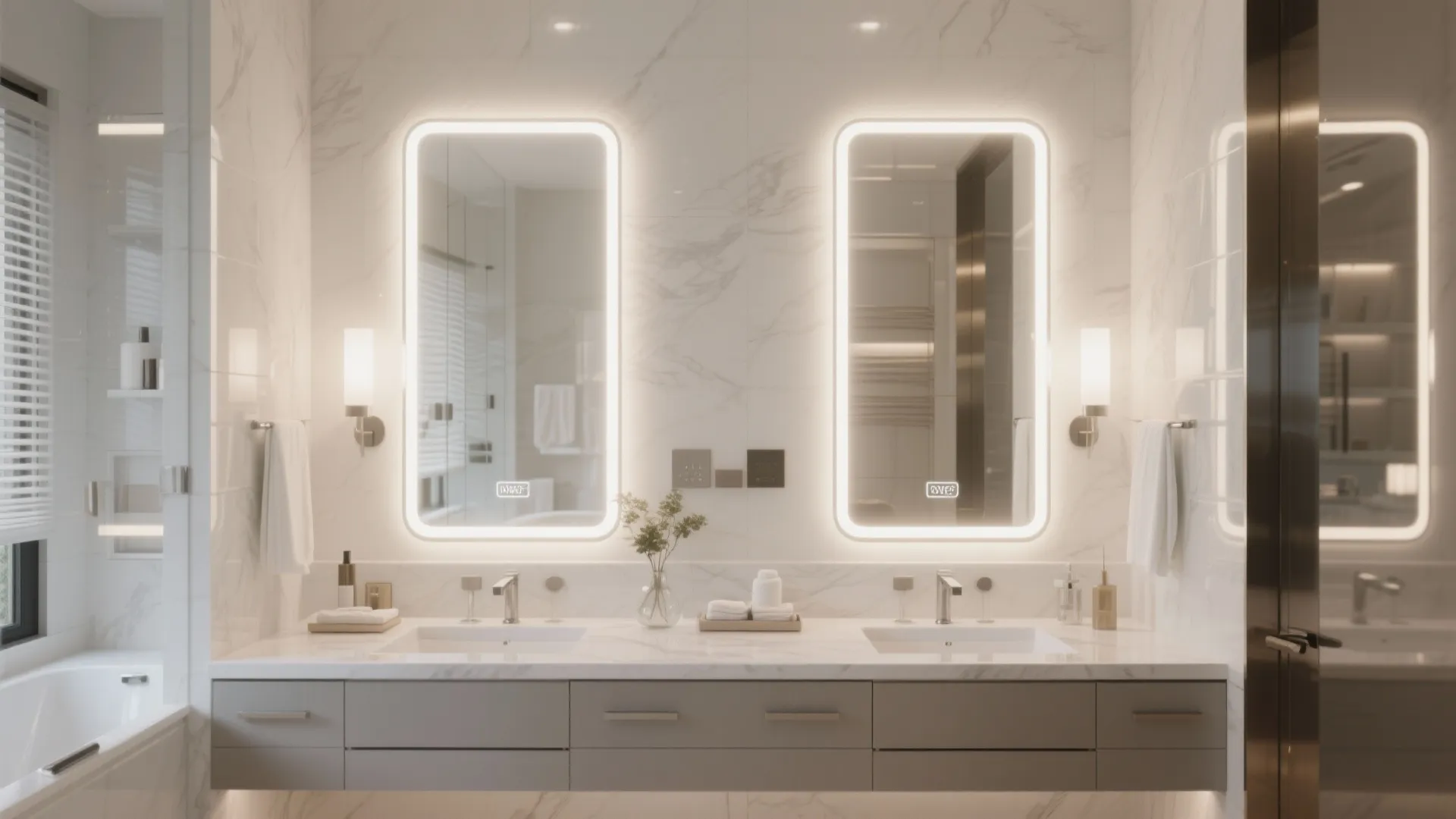 Modern bathroom with double backlit mirrors white marble walls grey cabinet and warm wall light