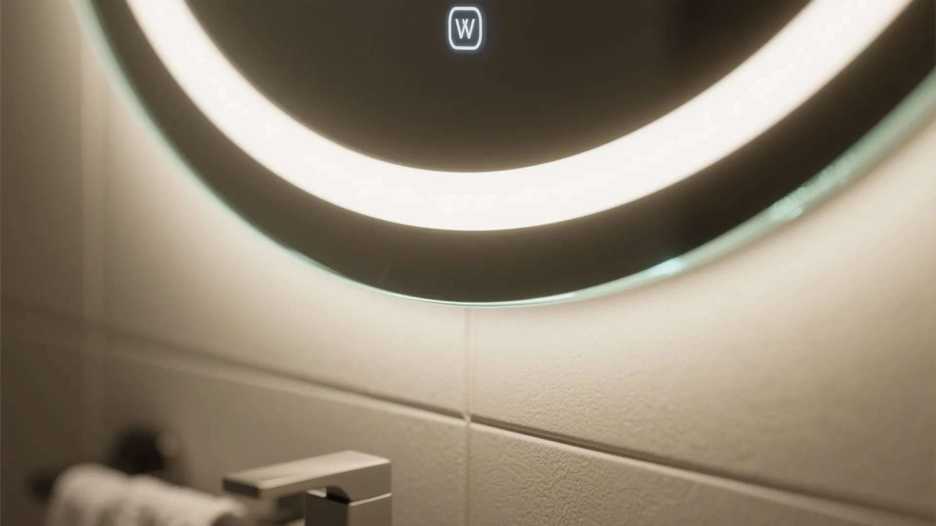 Macro detail of an LED backlit mirror edge with even halo diffusion and polished glass.