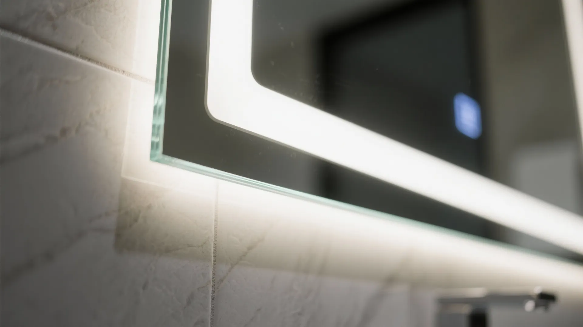 Macro detail of an LED backlit mirror edge with even diffusion and clean bevel.