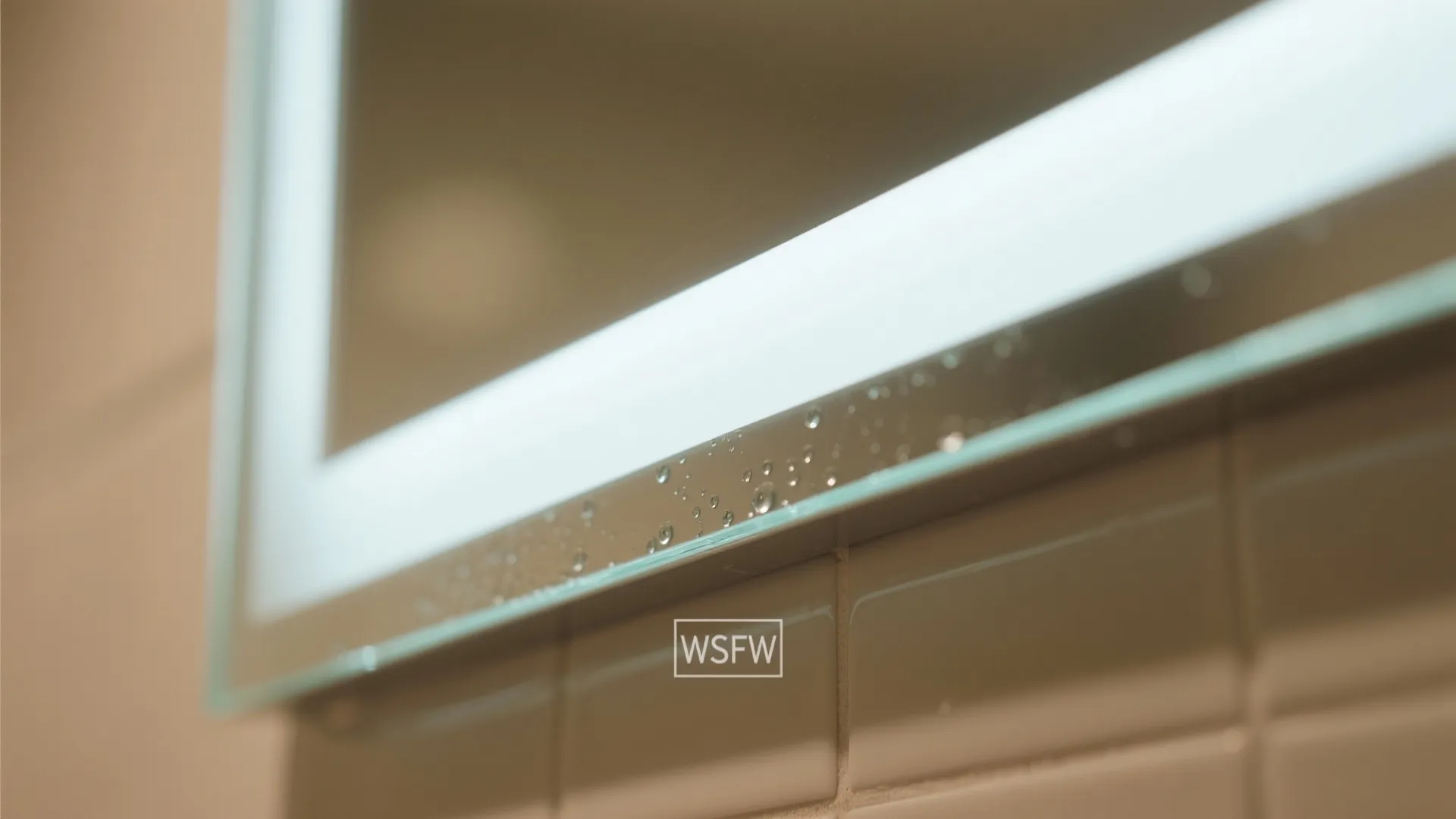 Close up view of a backlit bathroom mirror with water droplets on the glass surface