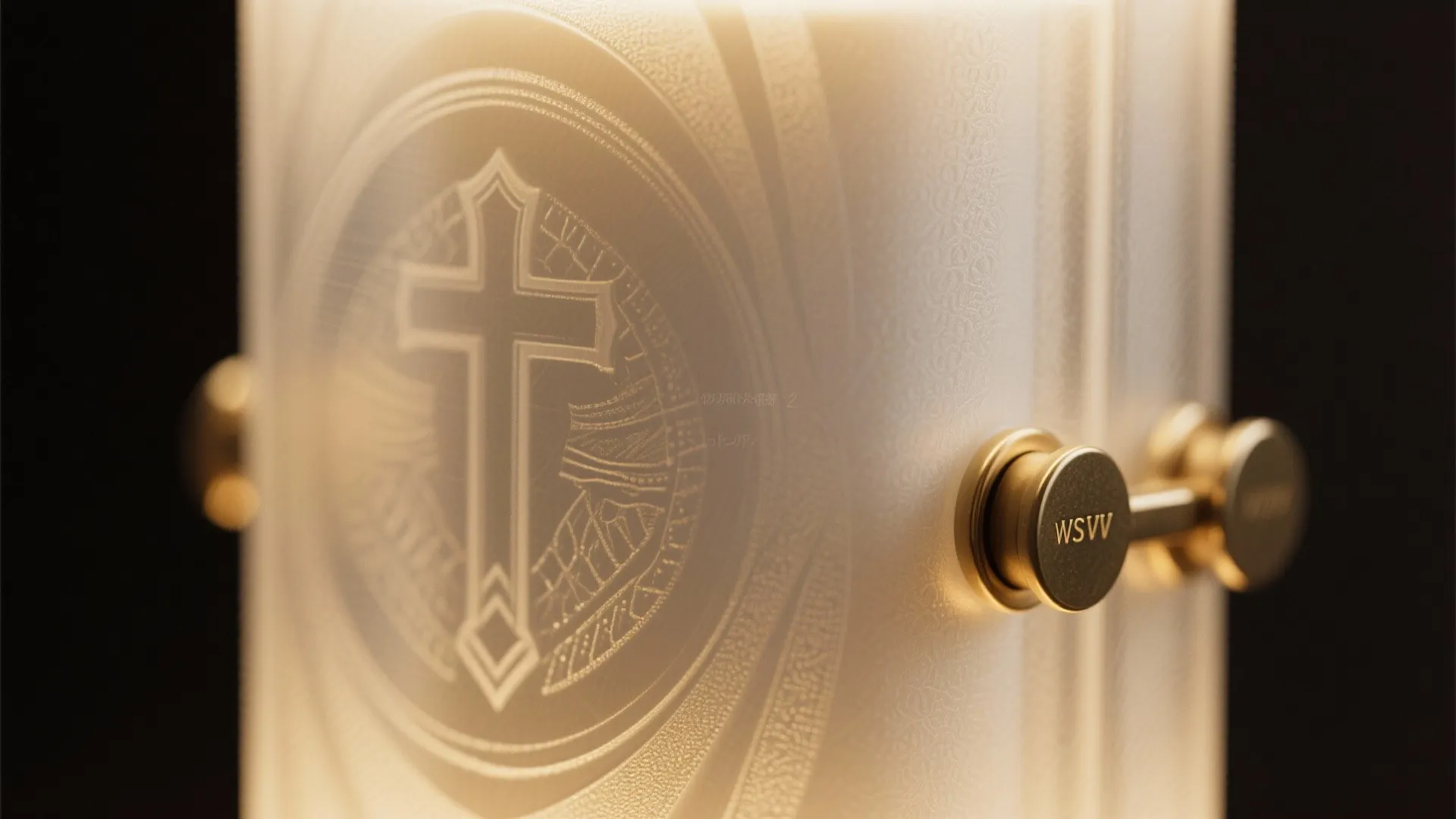 Backlit frosted glass panel featuring an etched cross design and small gold metal door handle