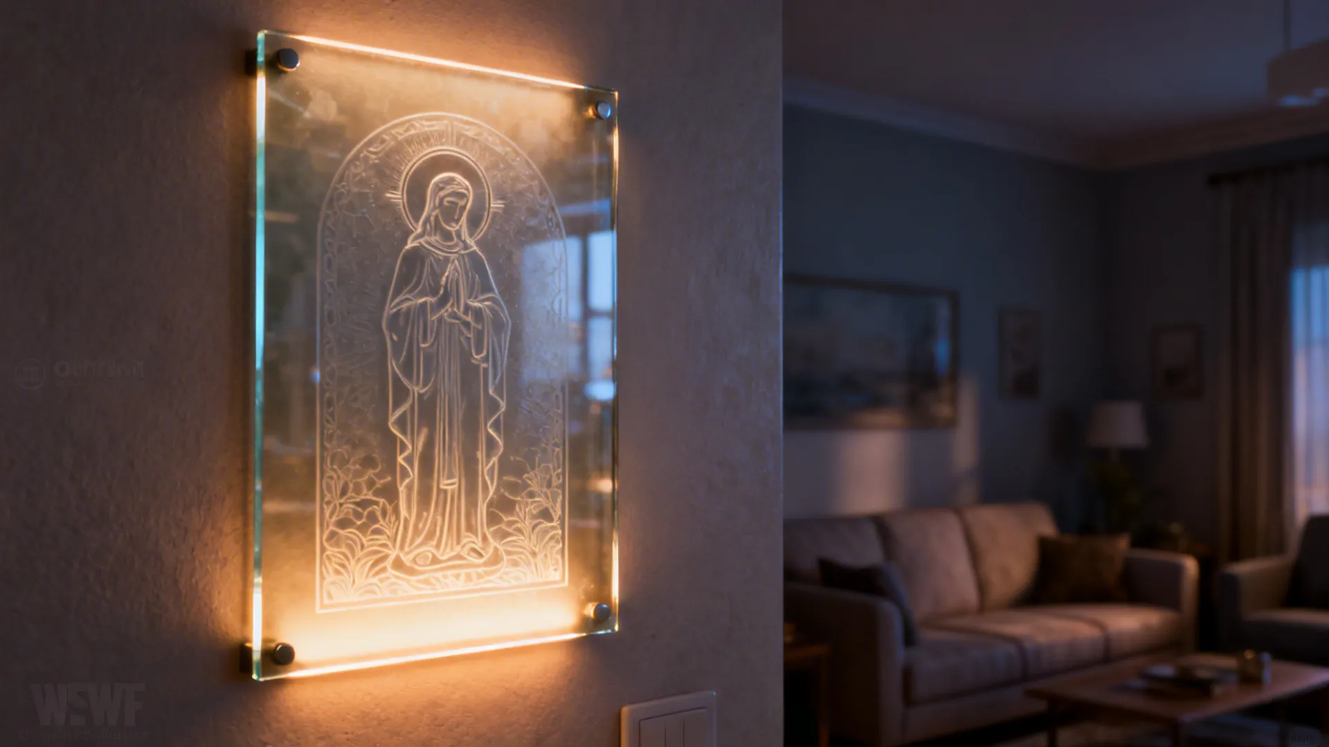Backlit etched-glass icon panel glowing softly on a living room wall in the evening.