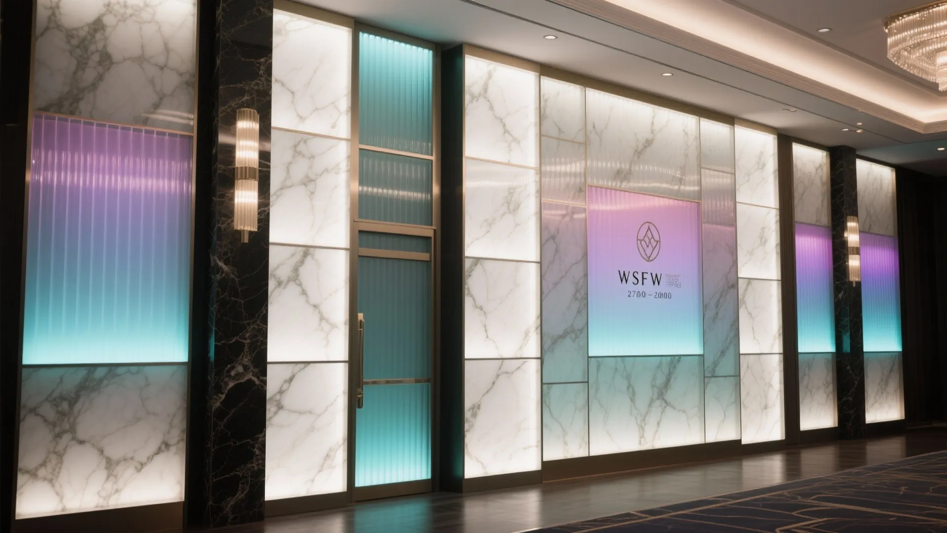 Modern backlit marble wall with colorful lights glass door and logo for interior lobby design