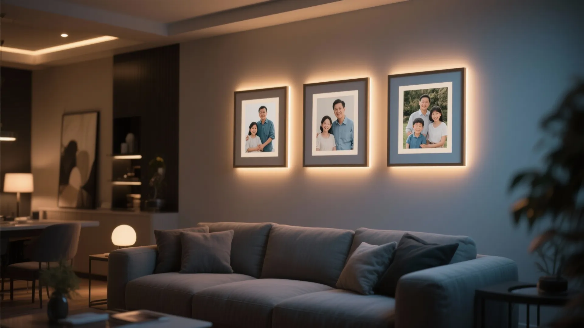 Modern living room with three warm backlit picture frames hanging above a large grey sofa