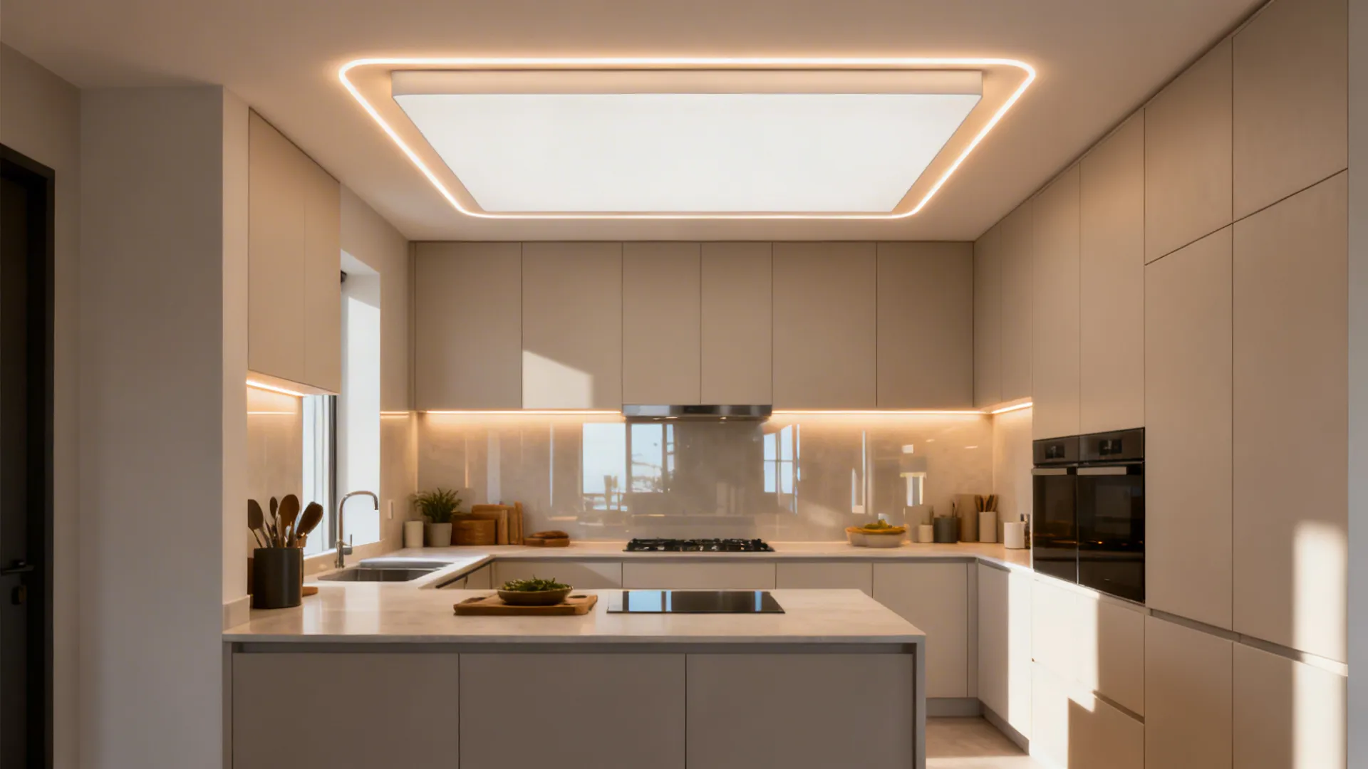 Backlit floating ceiling panel with a soft halo makes a low modern kitchen feel taller and evenly lit.