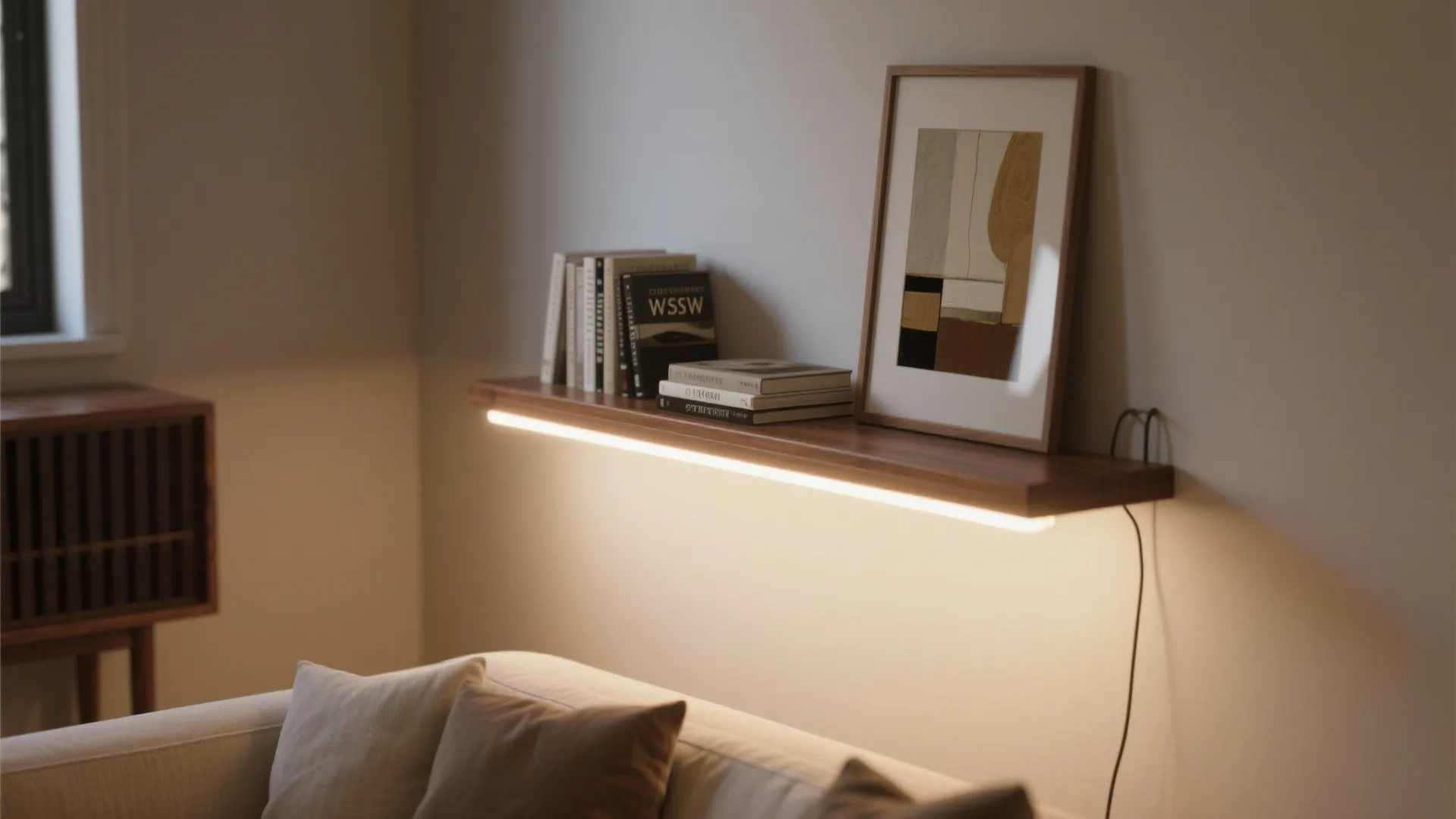 Backlit panels and floating shelves