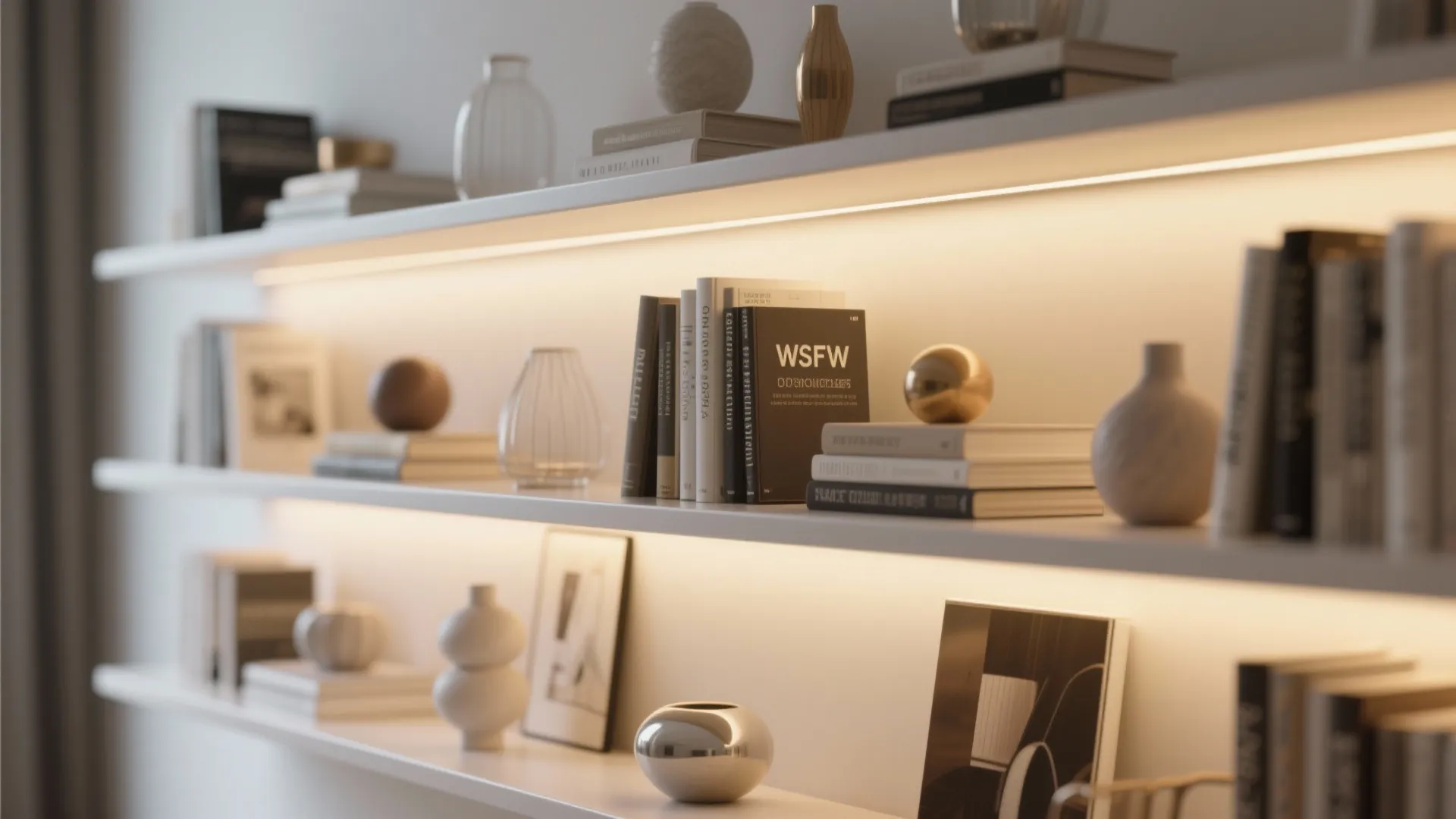 Close-up of floating shelves with warm LED backlighting