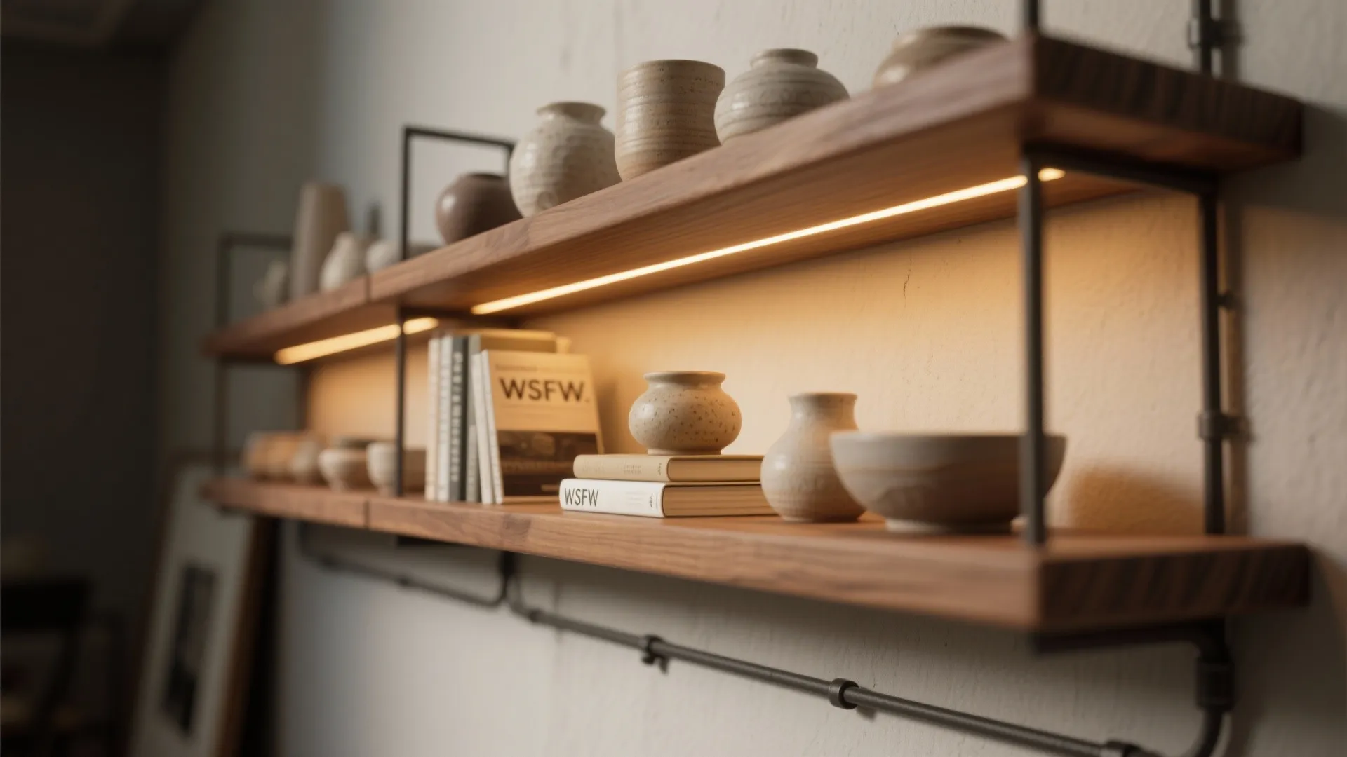 Floating wooden shelves with warm LED backlighting highlighting ceramics and hidden cables.
