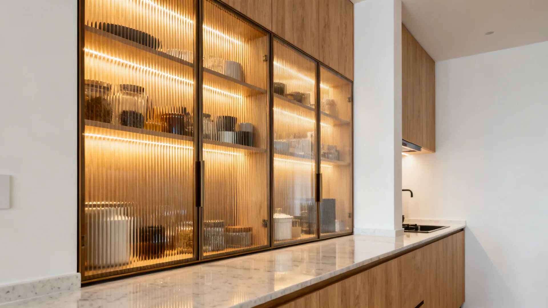 Wooden kitchen cabinet with fluted glass doors lit from inside next to a white countertop