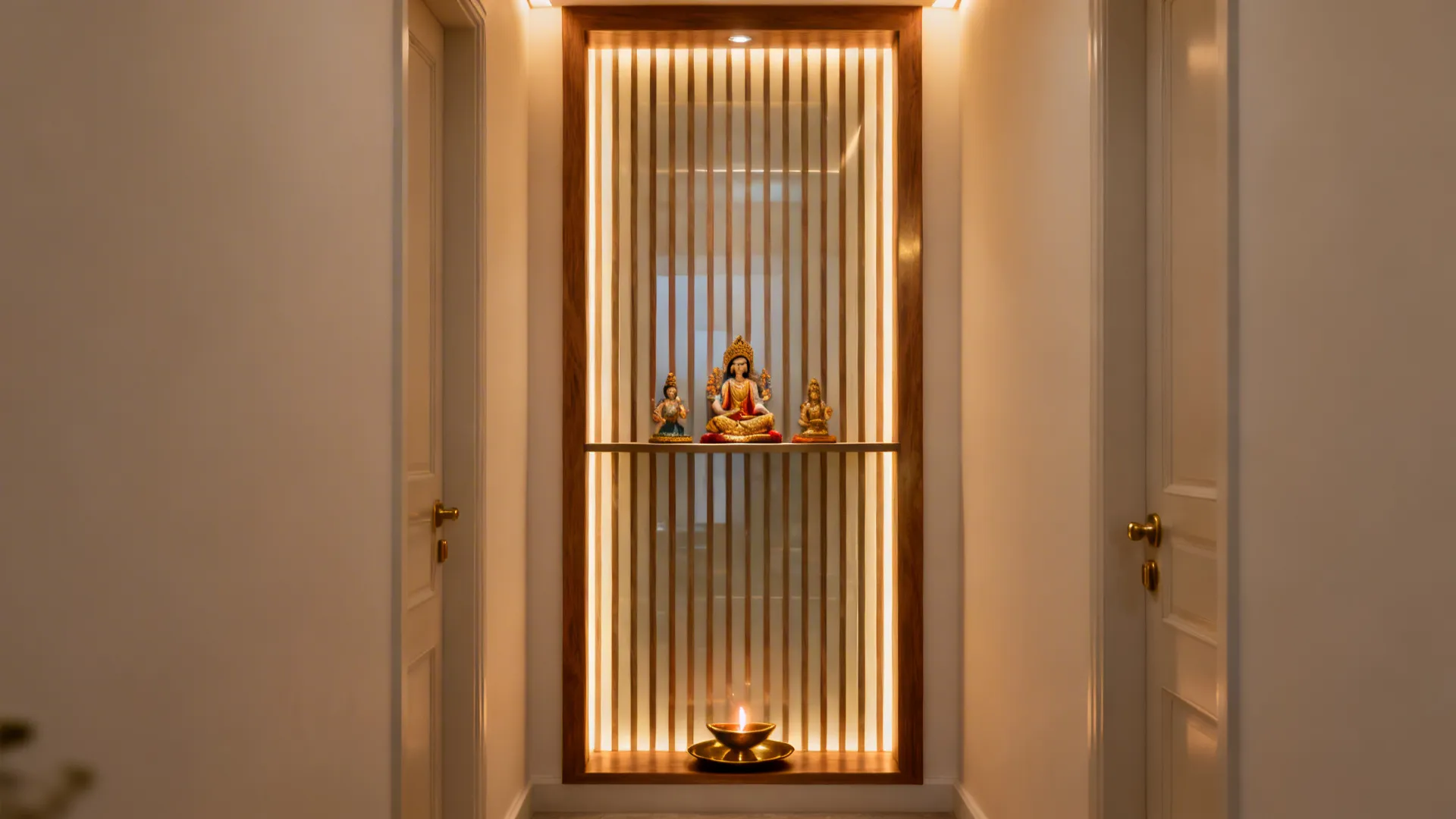 Backlit fluted panel pooja niche with warm layered lighting and a slim altar shelf in a corridor.