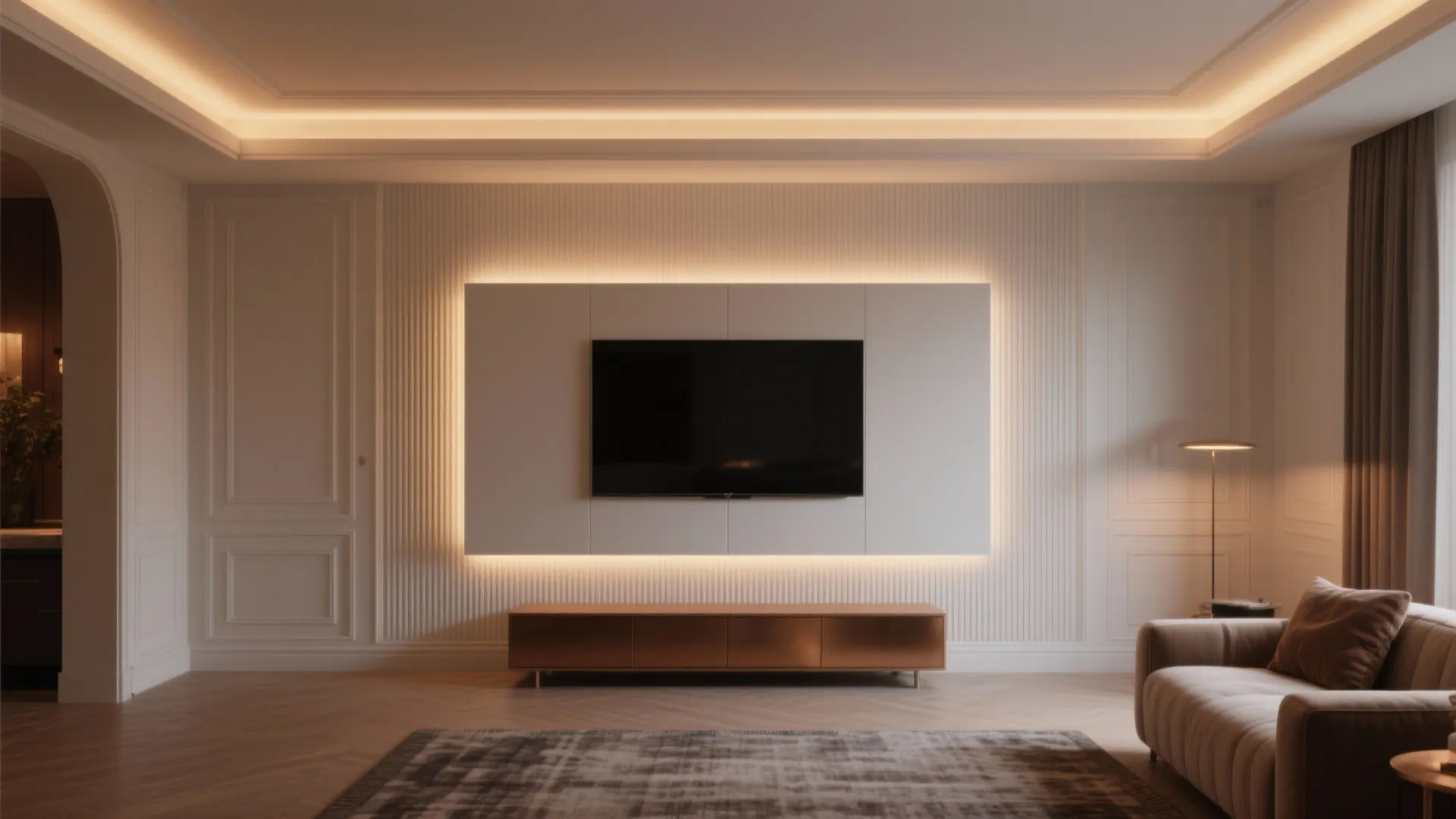 Backlit fluted gypsum panels for a soft glow