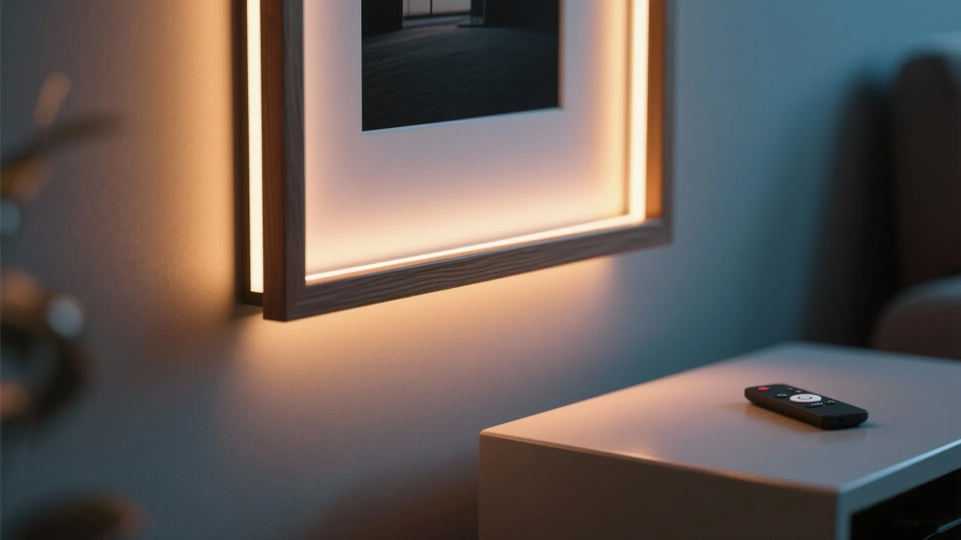 Close-up of a floating frame with warm LED halo and hidden raceway behind it.