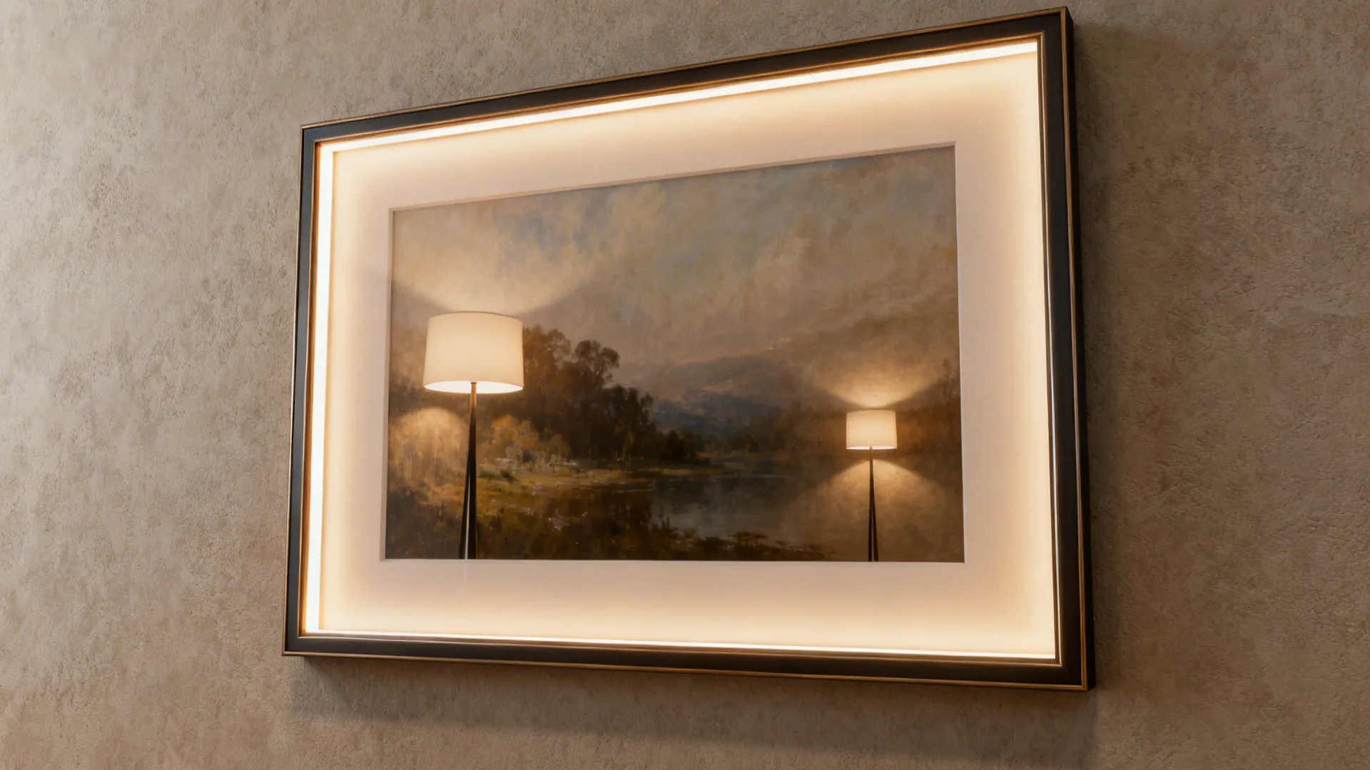 Framed artwork mounted flush to the wall with integrated even backlighting for a museum-like effect.