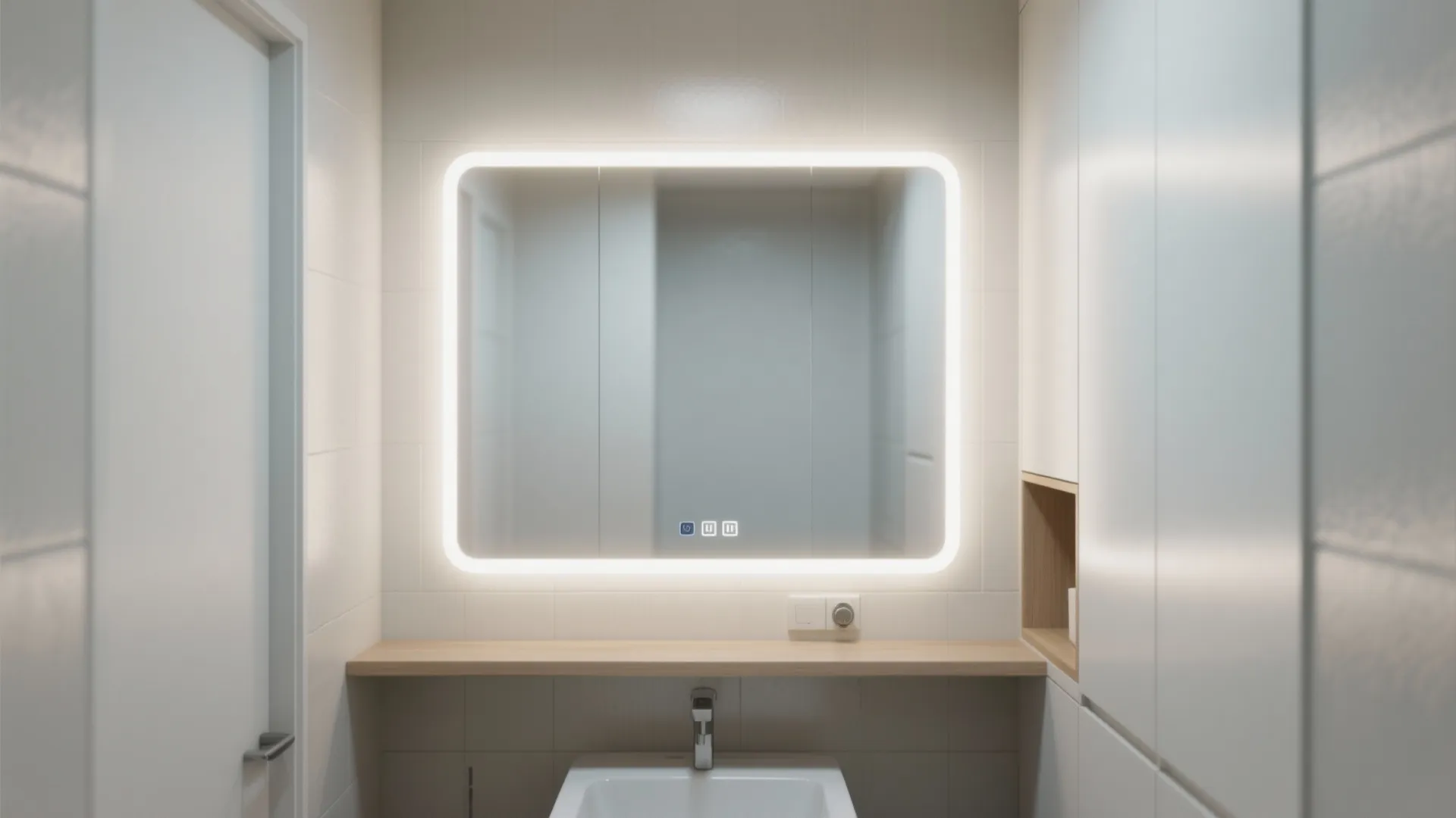 Modern bathroom with square light mirror wooden shelf white sink and clean white wall tile design