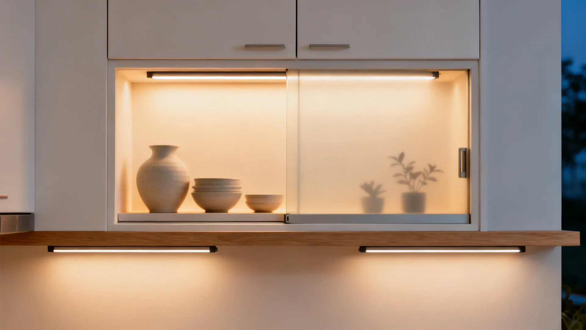 Backlit frosted sliding-door niche displaying ceramics with a warm evening glow.