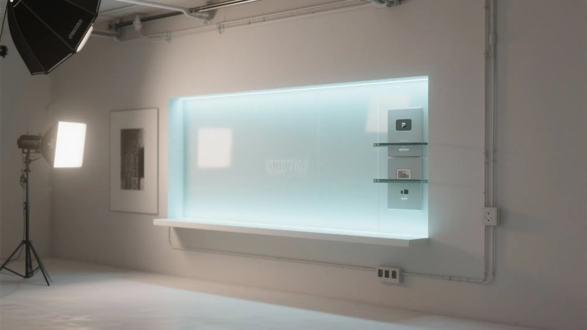 Studio with a backlit frosted glass panel that conceals shelving and emits soft ambient light.