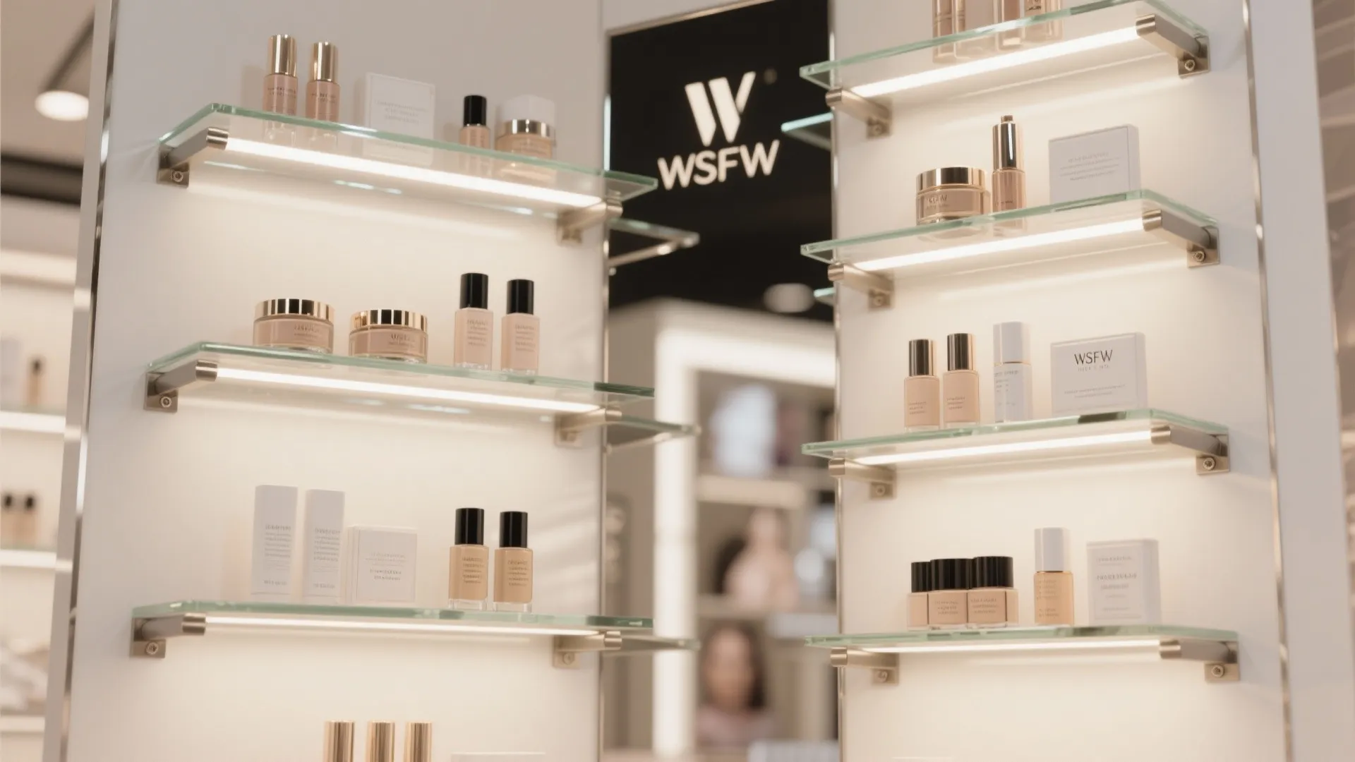 Close up of backlit glass shelves displaying bottled beauty products in a modern retail shop