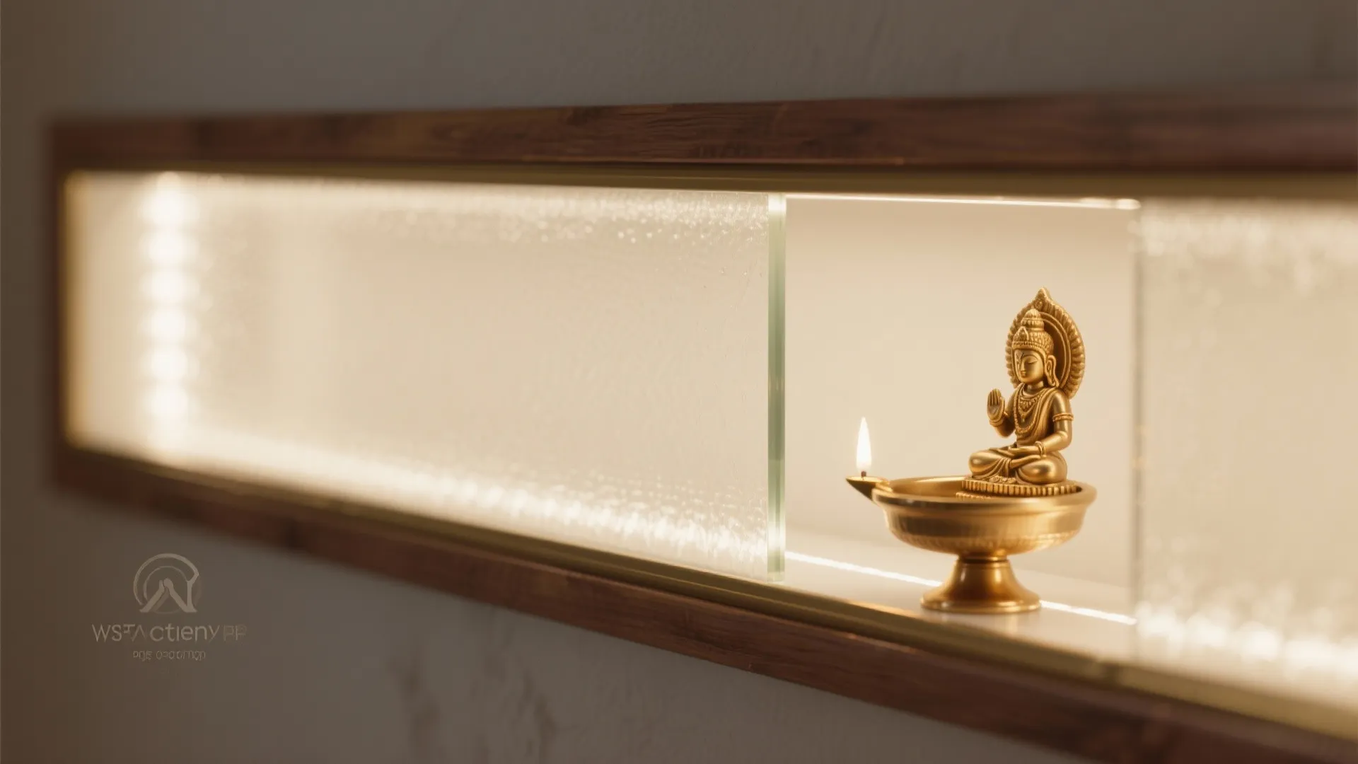 Close up of golden statue with light in wooden wall shelf featuring frosted glass and backlight