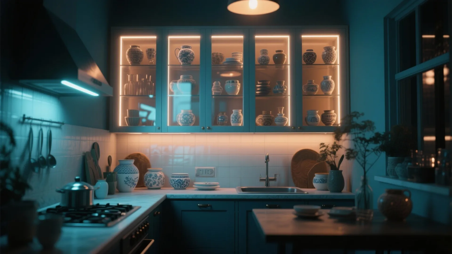 4. Backlit Glass Cabinets for Drama