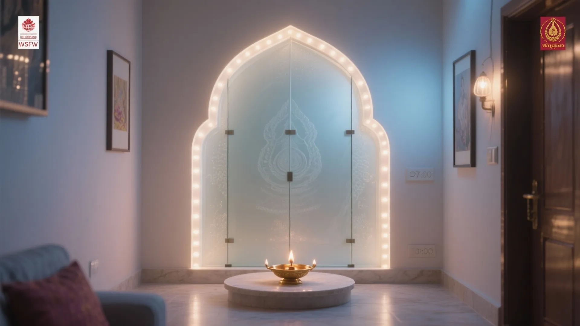 Modern interior design with backlit glass arch lights golden lamp and wall light in white room