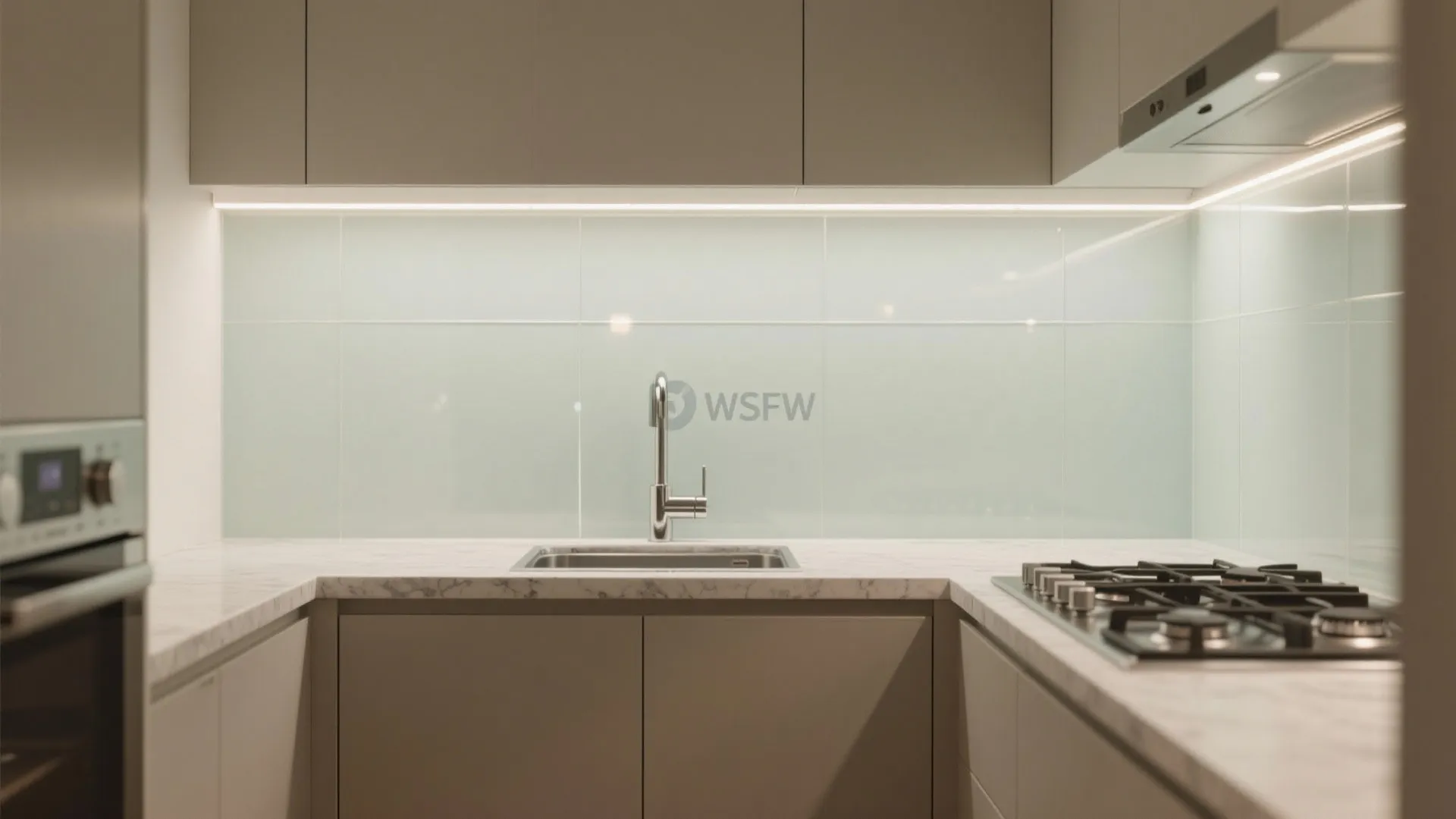 Backlit glass backsplash for glow and depth