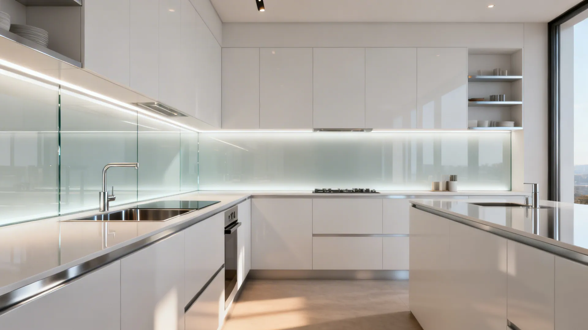 Modern galley kitchen with a softly glowing low-iron glass backlit backsplash that adds depth and ambience.