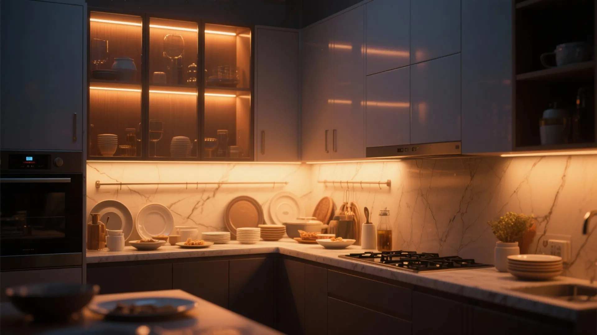 5. Backlit Glass Cabinets for a High-End Look