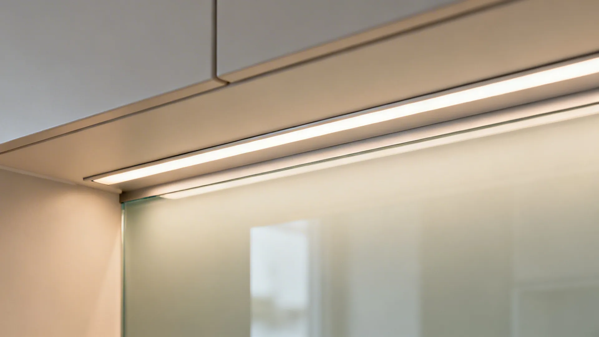 Close-up of a backlit frosted low-iron glass backsplash aligned with a slim ceiling recess channel.