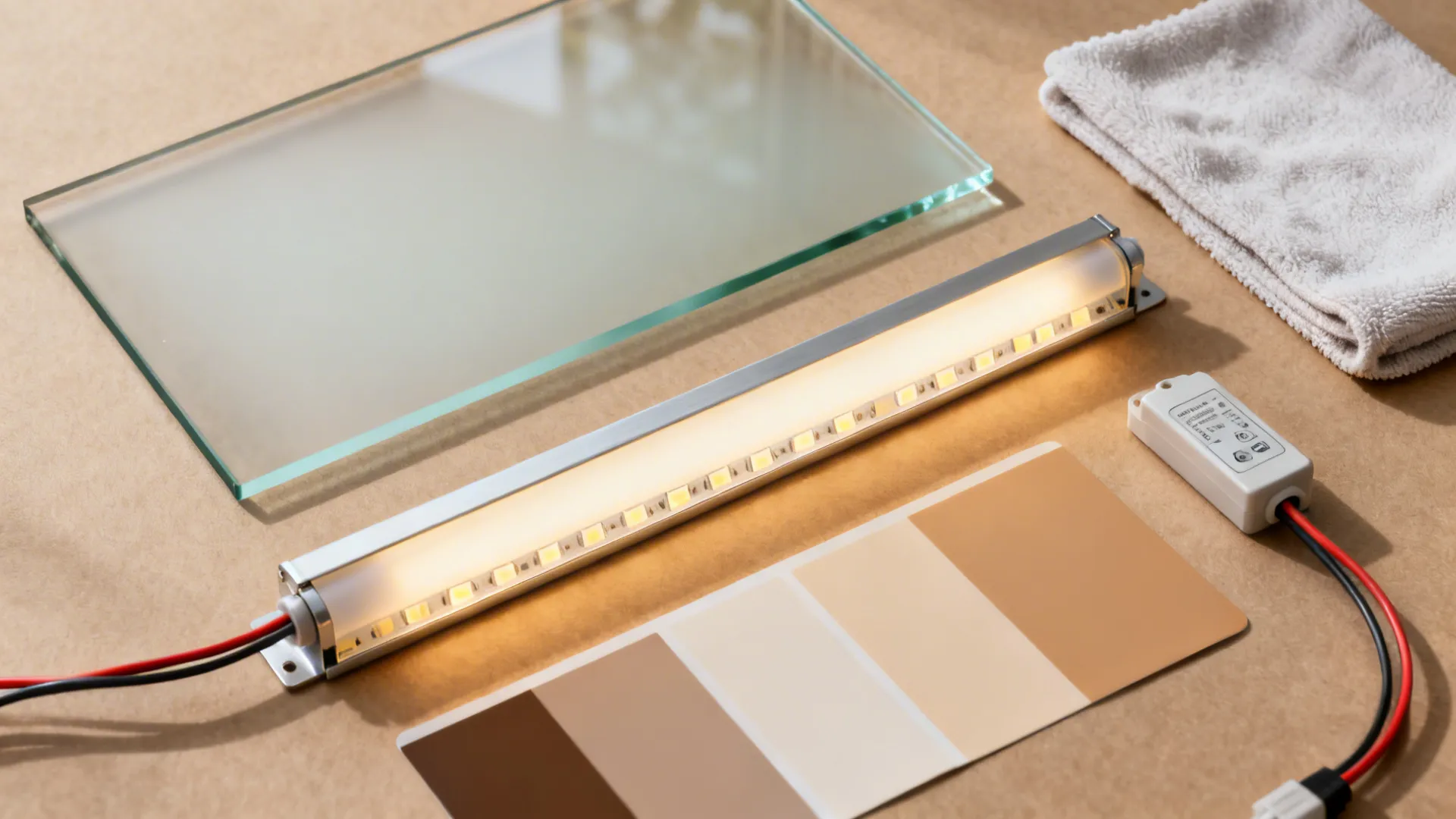 Flatlay of frosted low-iron glass, LED strip with diffuser, aluminum channel, and dimmable driver components.