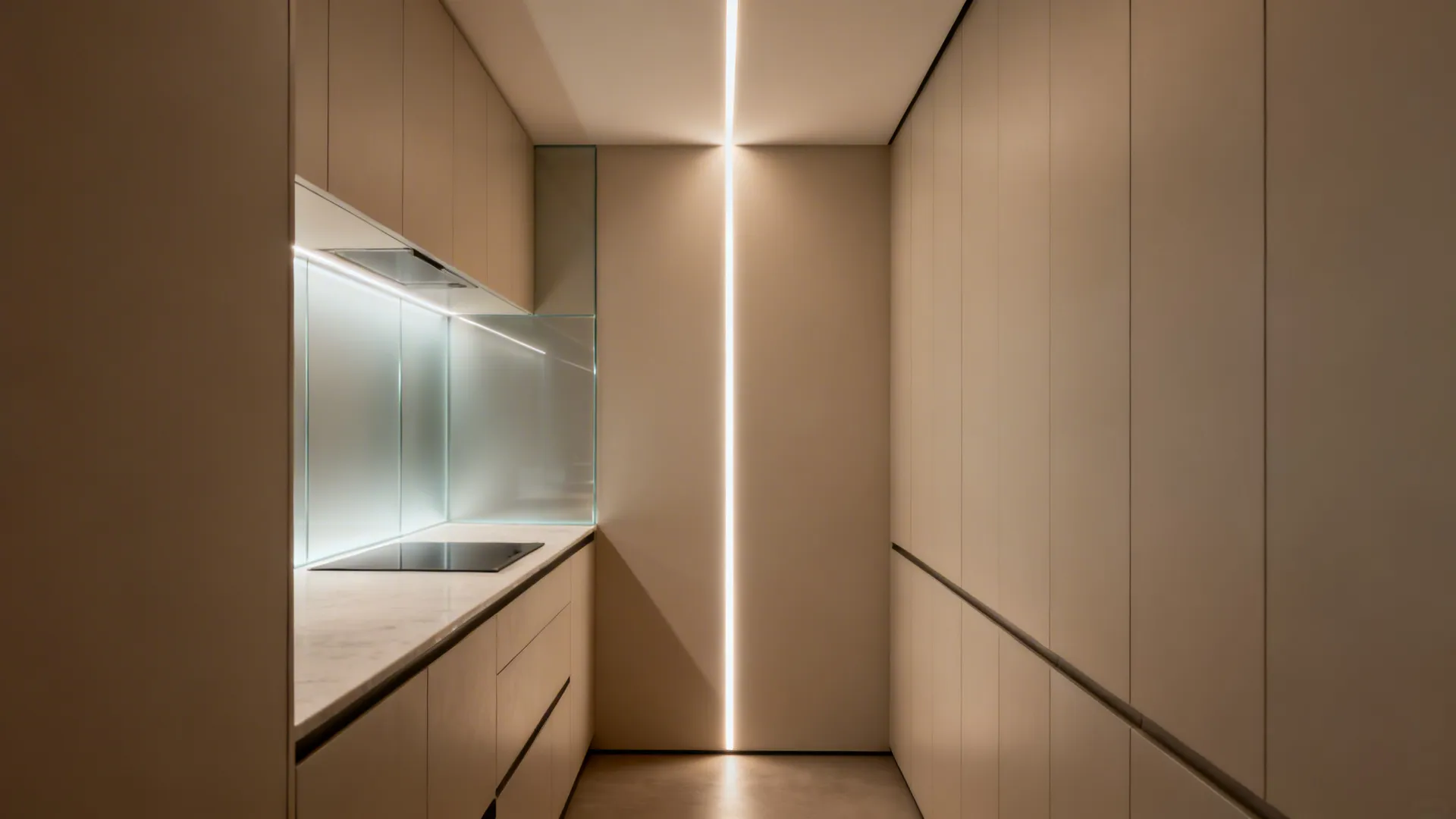 Galley kitchen with a vertical light ribbon aligning a slim ceiling recess and backlit frosted low-iron glass backsplash.