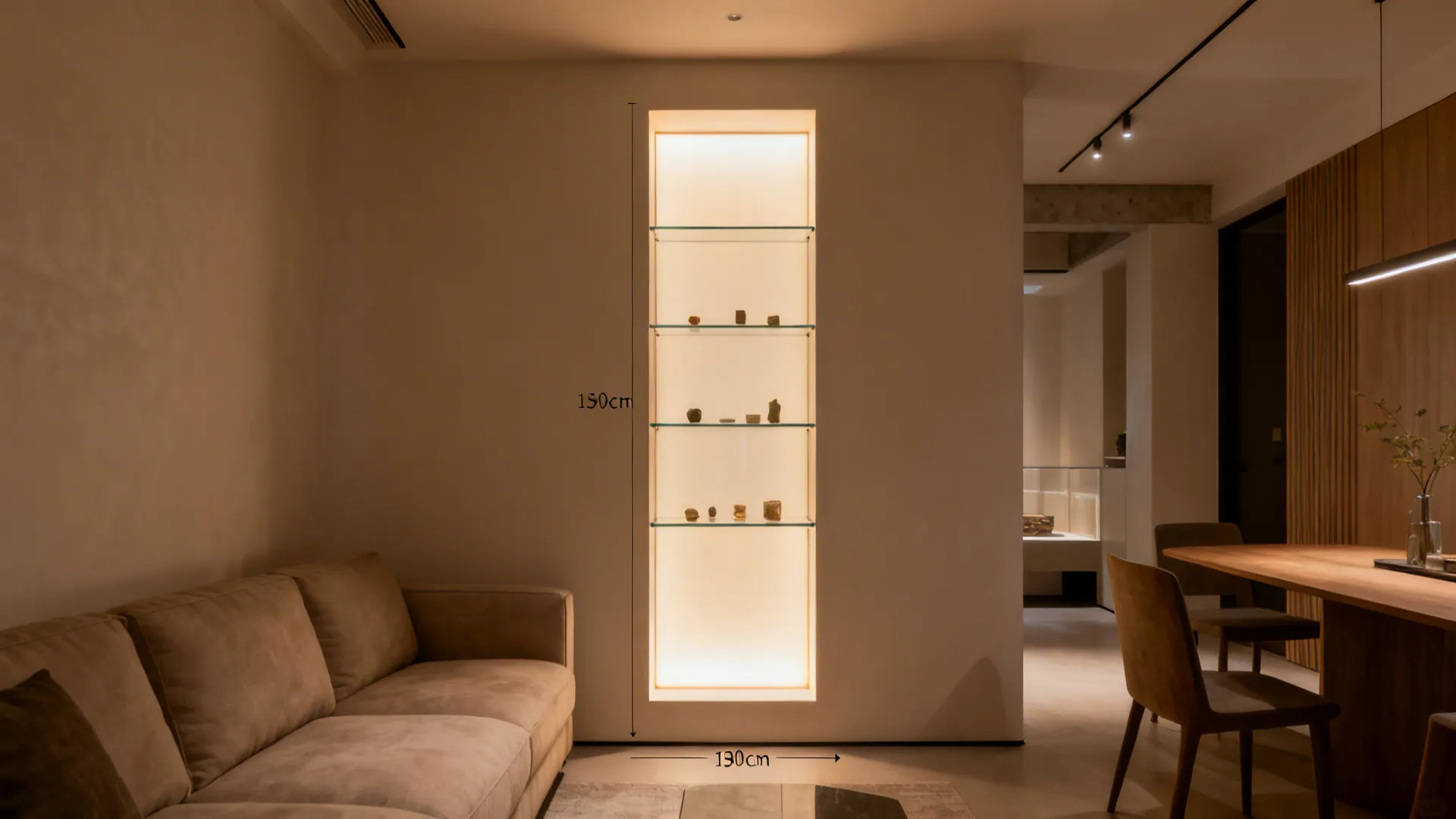 Recessed living room niche with diffused backlighting and clear glass shelves.