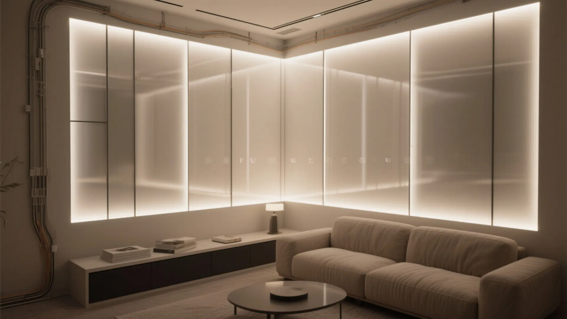 Modern living room with glowing wall lights behind glass panels next to a beige sofa