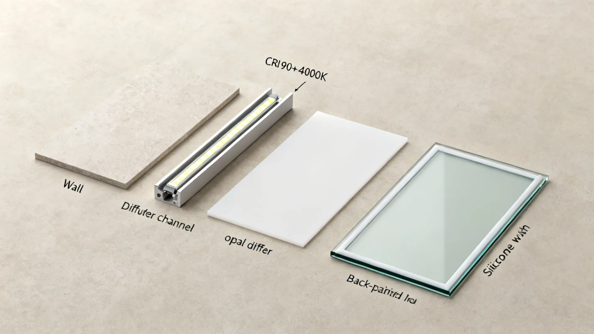Top-down layout of layers for a backlit back-painted glass backsplash system.