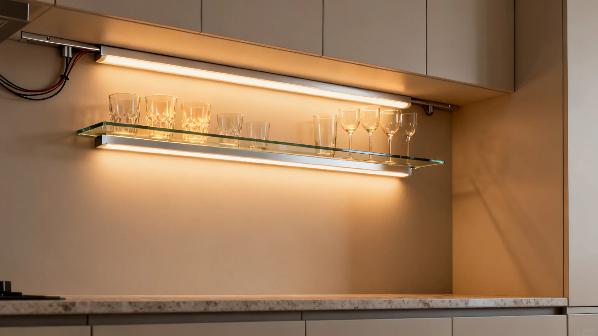 Backlit low-iron glass shelves with warm LEDs turning glassware into a glowing feature wall.