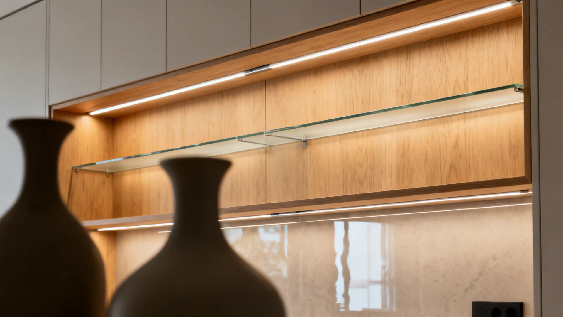 Backlit low-iron glass shelves in a wall cabinet with warm diffused LED lighting and matte ceramics.